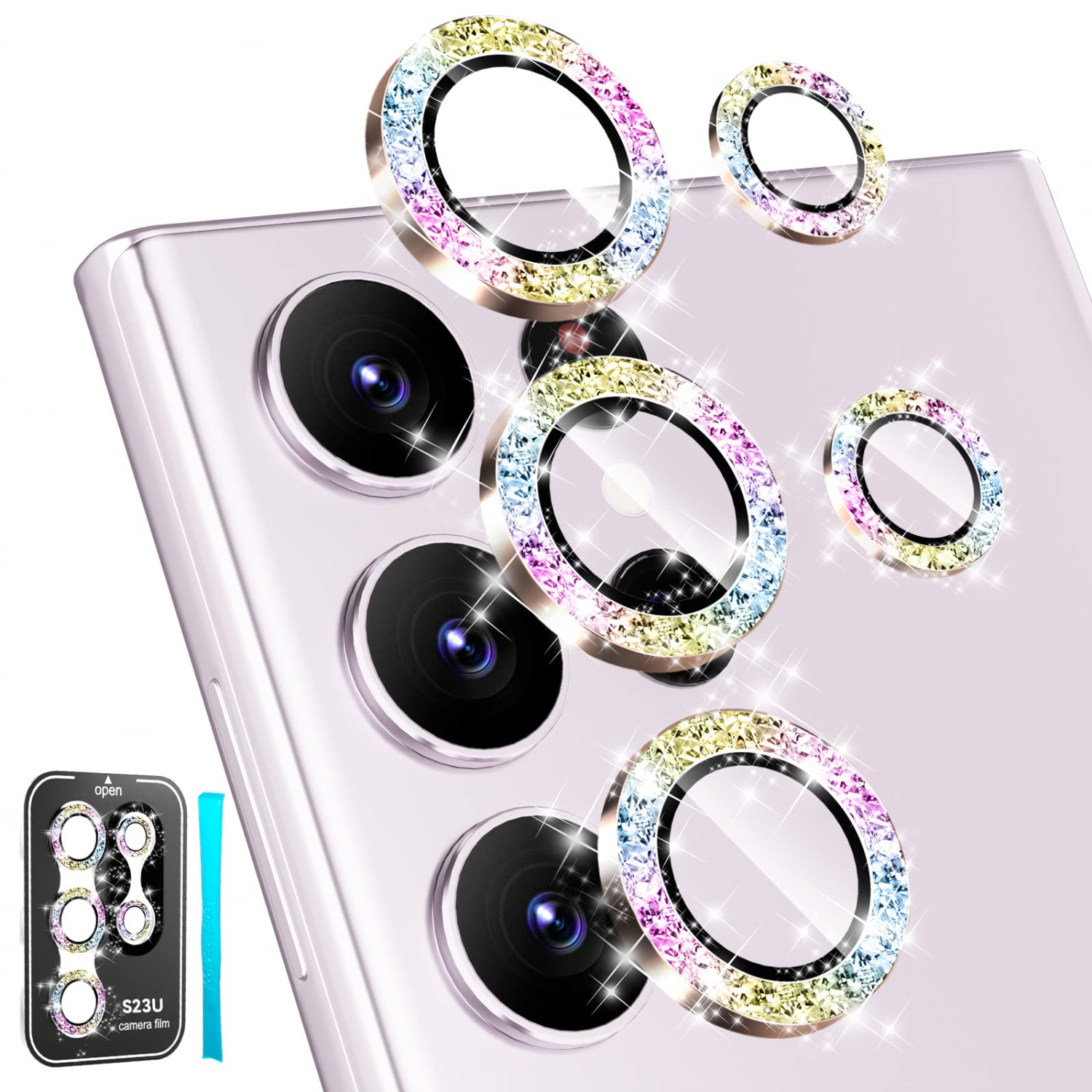 3+2 pour le protecteur d’objectif Ultra Galaxy S23 de Sansung, bague en alliage d’aluminium et verre trempé Bling Diamond HD, pellicule de protection