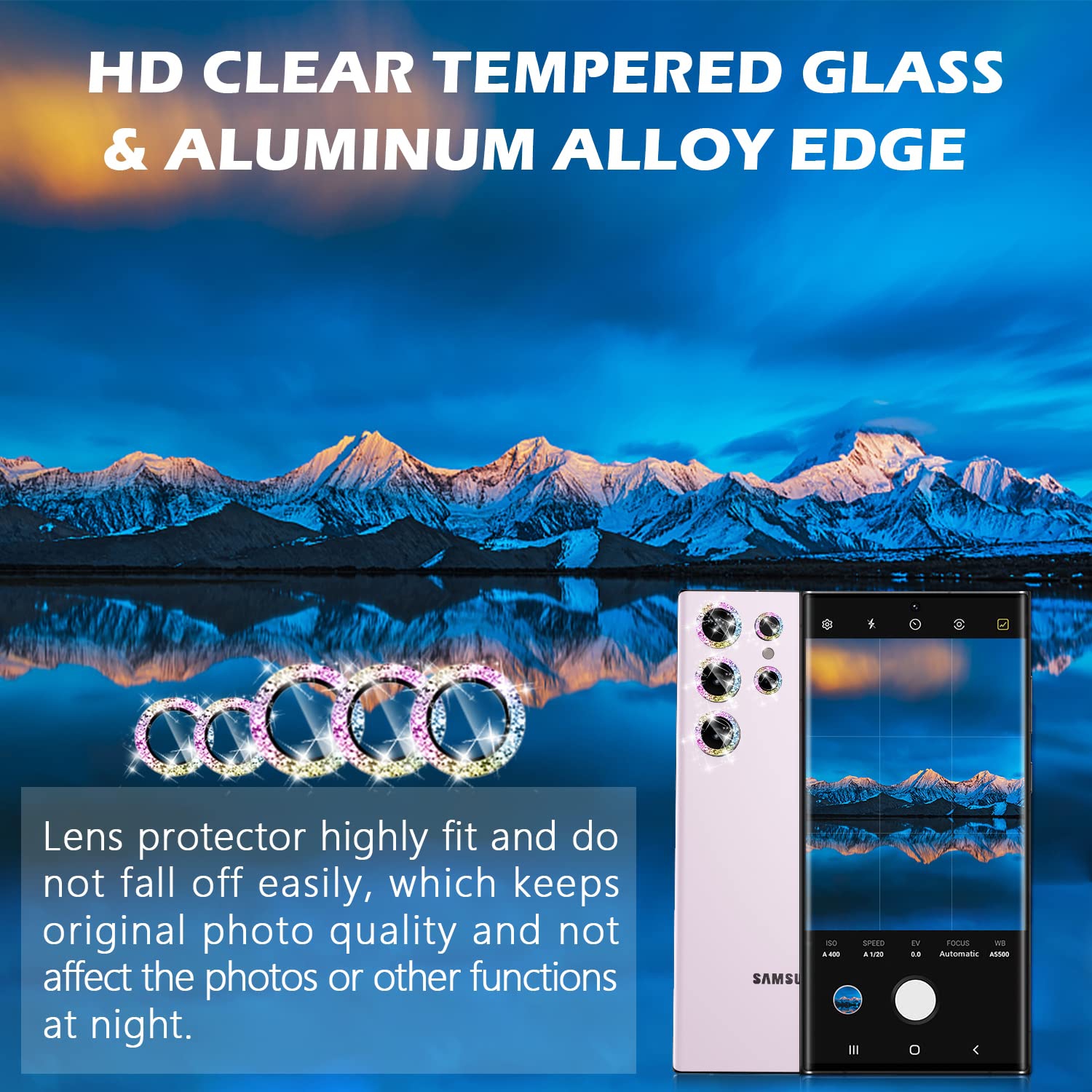 3+2 pour le protecteur d’objectif Ultra Galaxy S23 de Sansung, bague en alliage d’aluminium et verre trempé Bling Diamond HD, pellicule de protection