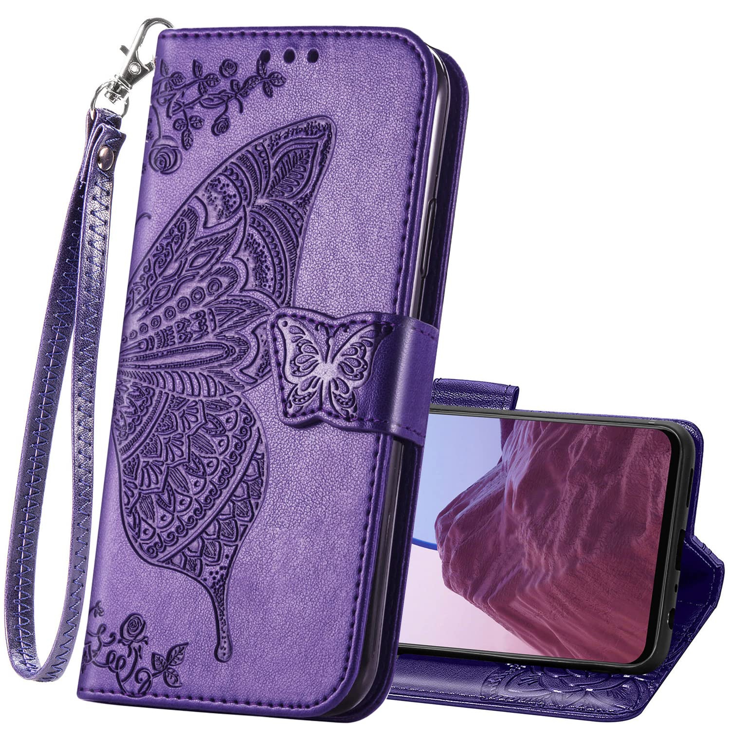 Wallet Case for OnePlus 11 5G,PU Leather Wallet Flip Protective Phone Case Wrist Strap Card Slots Holder Pocket Emboss Butterfly Flower Stand Case for OnePlus 11 5G Purple
