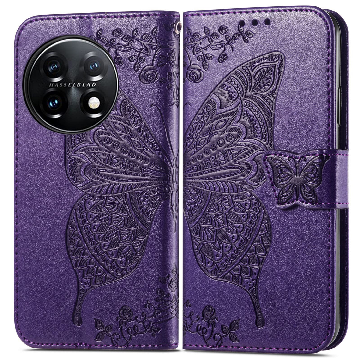 Wallet Case for OnePlus 11 5G,PU Leather Wallet Flip Protective Phone Case Wrist Strap Card Slots Holder Pocket Emboss Butterfly Flower Stand Case