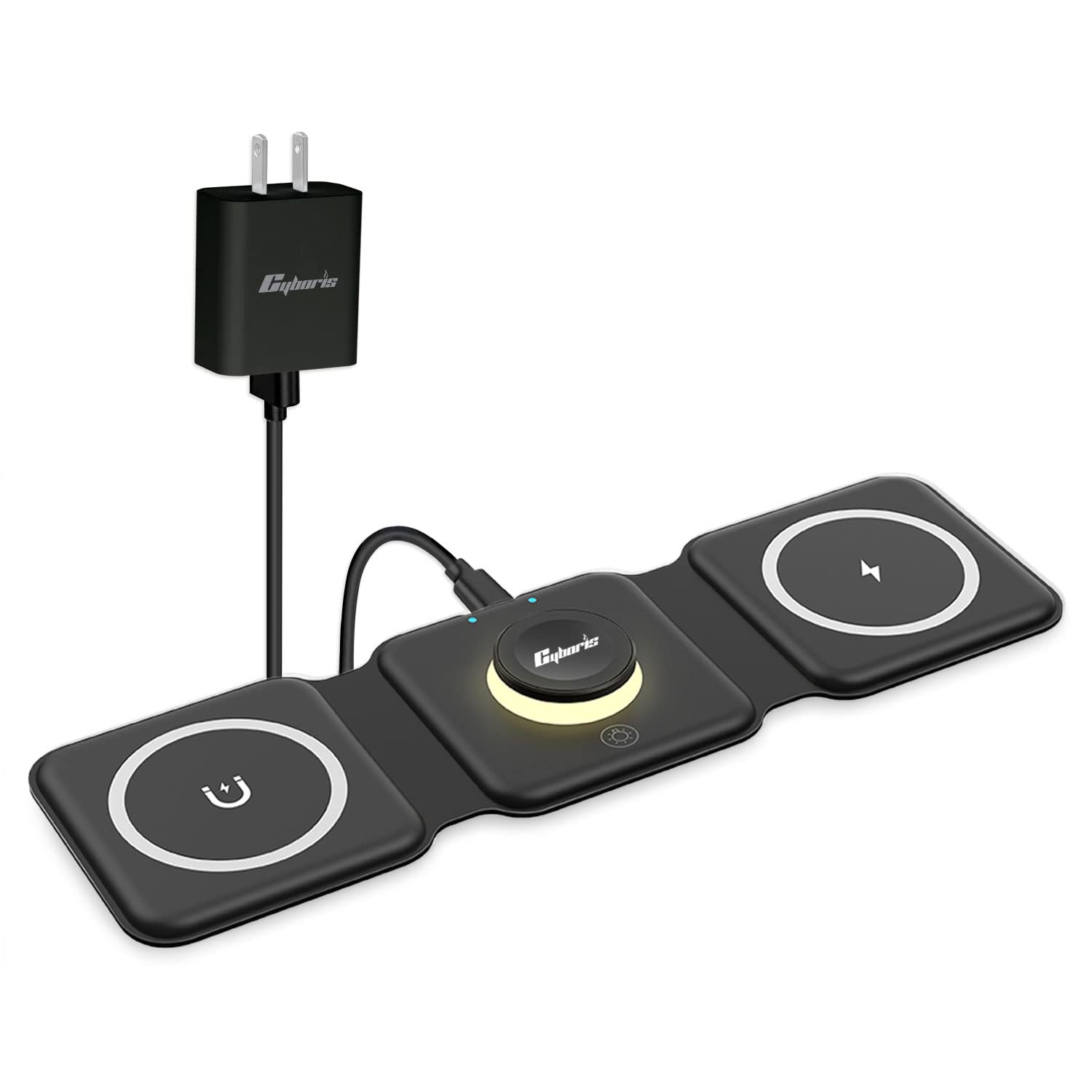 CYBORIS Wireless Charger 3 in 1, 15W Fast Charging Station Magnetic Foldable, Wireless Charging Station for Multiple Devices Compatible with iPhone, Samsung, AirPods 3/2/Pro, iWatc