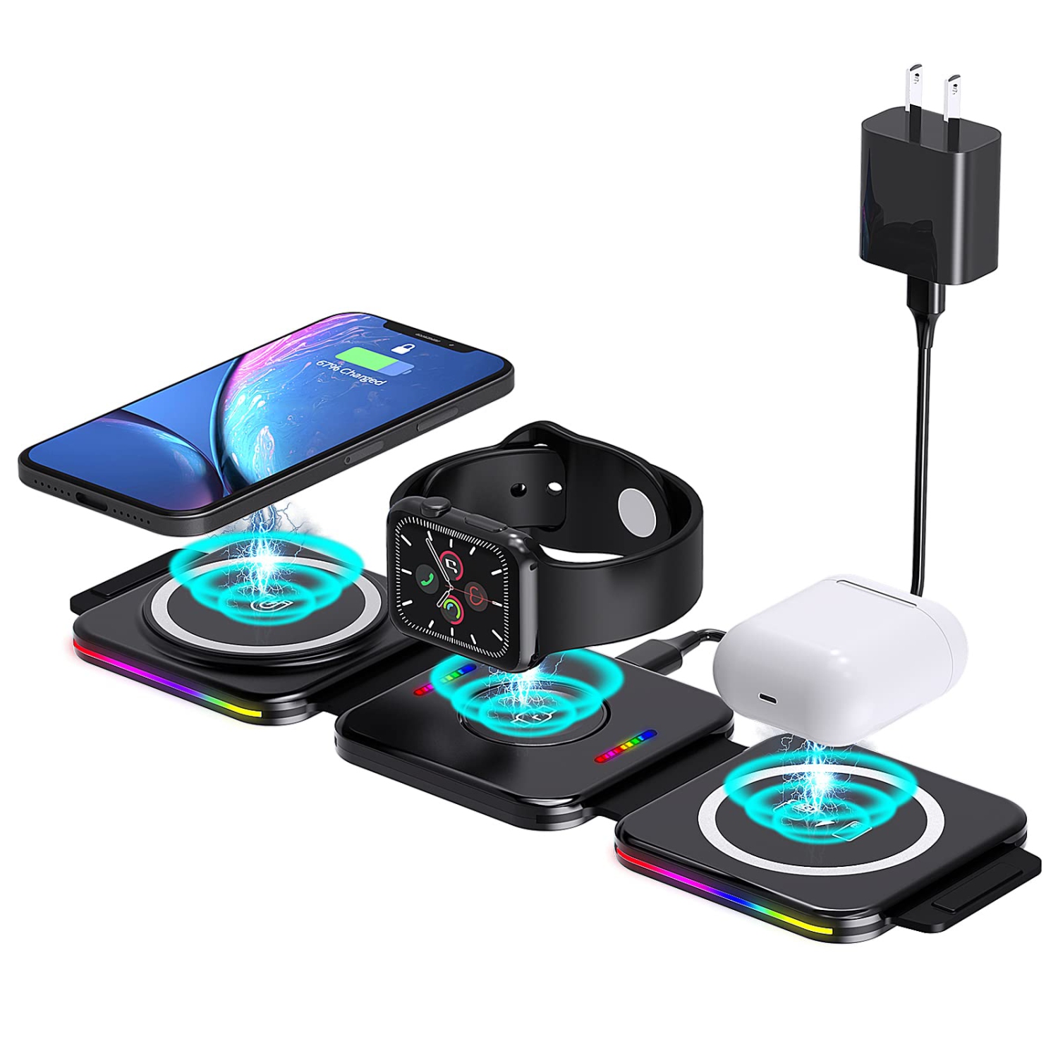 Fast Wireless Charger 3 in 1, ALUXKEE Magnetic Foldable Wireless Charging Station for iPhone 14/13/12/11 Pro Max/X/Xs Max/8,AirPods iWatch Series 7/6/5/SE/4/3/2 (with QC3.0 Adapter
