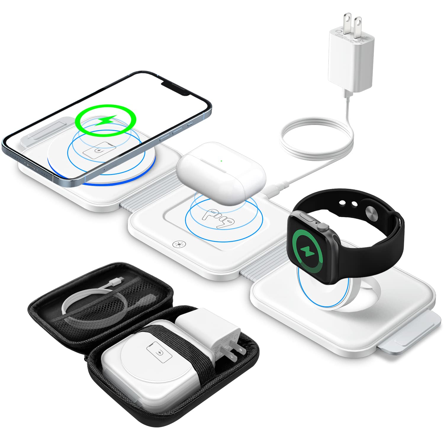 Wireless Charger 3 in 1 with Adapter and Travel Case,Fast Wireless Charging Station,Wireless Charging Pad Compatible with iPhone 14/13/12/11 Series,AirPods 3/2/Pro 2/Pro,iWatch Ult