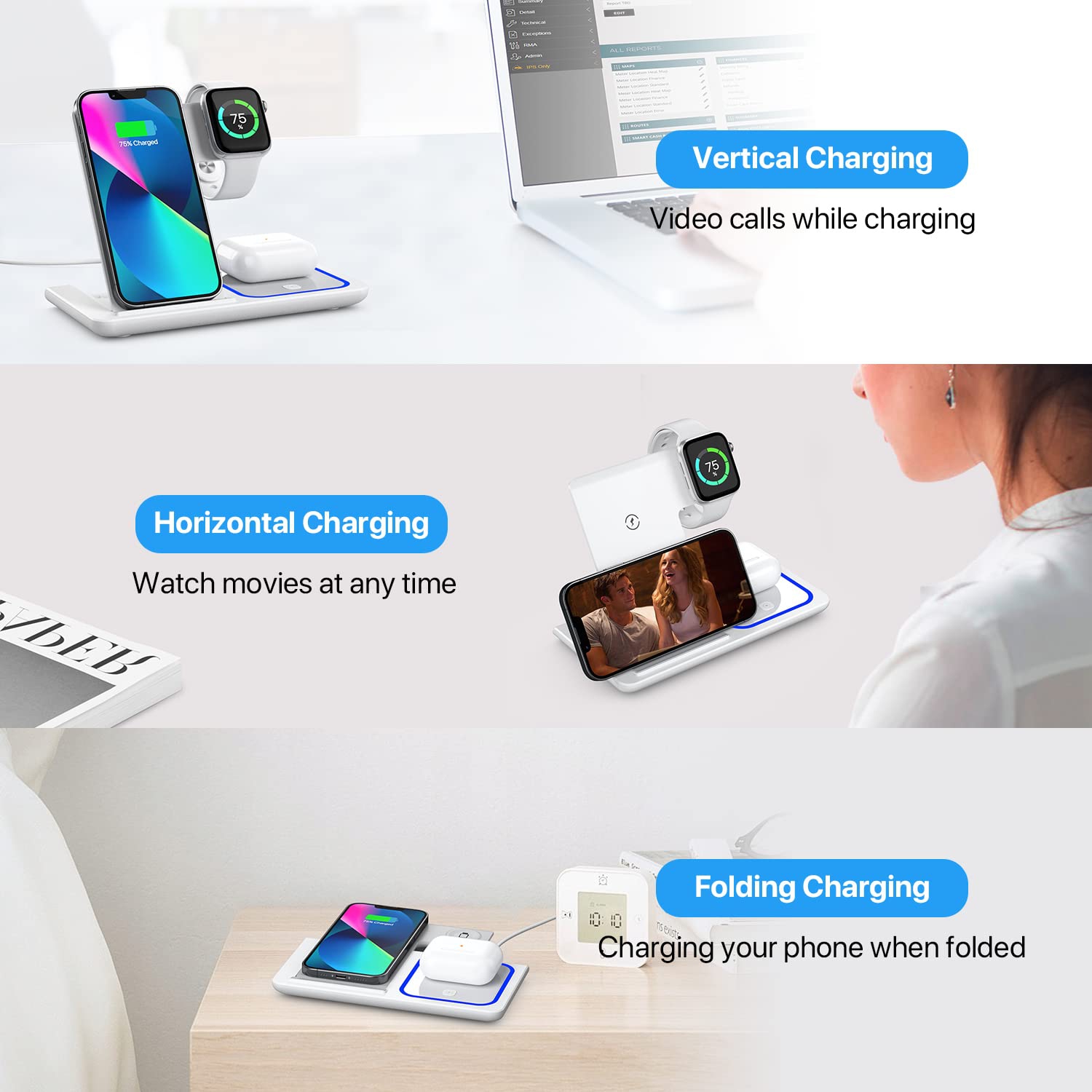 Chargeur/support sans fil rapide 3-en-1 de HLD pour iPhone 14/13/12/11/Pro/X/Max/XS/XR/8/plus, Apple Watch 7/6/5/4/3/2/se, AirPods 3/2