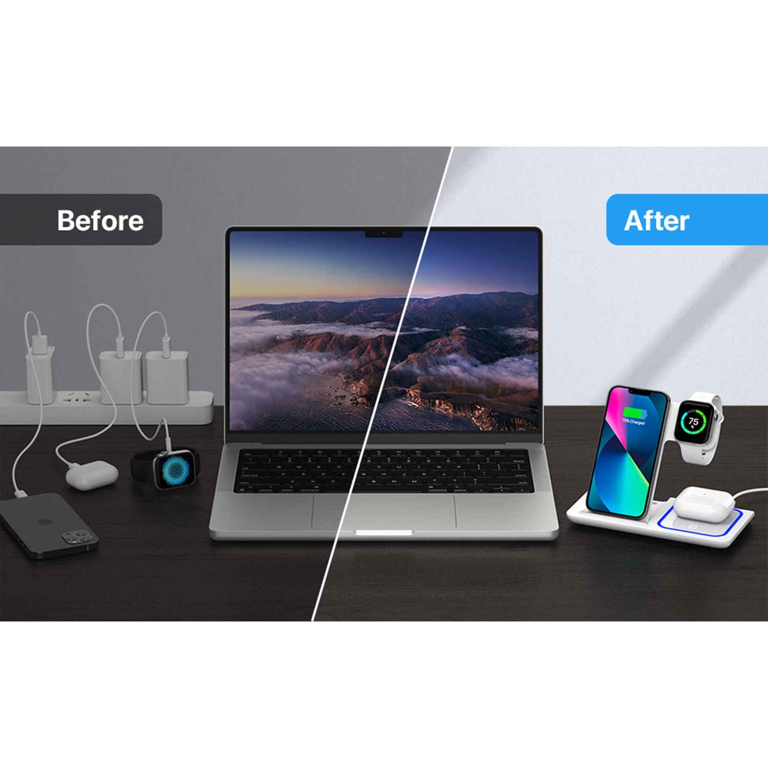 Chargeur/support sans fil rapide 3-en-1 de HLD pour iPhone 14/13/12/11/Pro/X/Max/XS/XR/8/plus, Apple Watch 7/6/5/4/3/2/se, AirPods 3/2