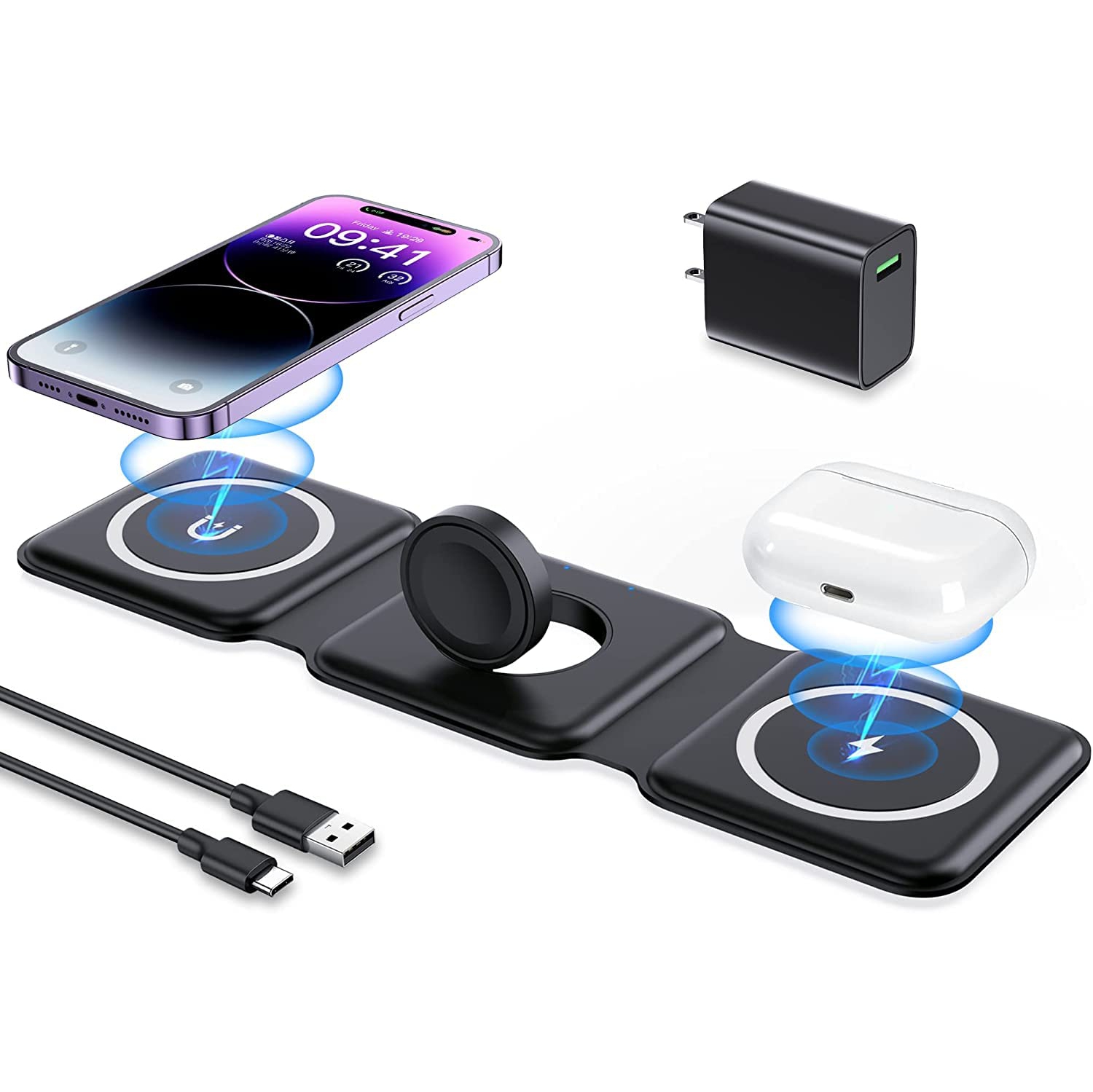 Wireless Charger 3 in 1, Magnetic Foldable Wireless Charging Station for iPhone 14/13/12/11 Pro Max/X/Xs Max/8/8 Plus, AirPods 3/2/pro, iWatch Series 7/6/5/SE/4/3/2 (Adapter Includ