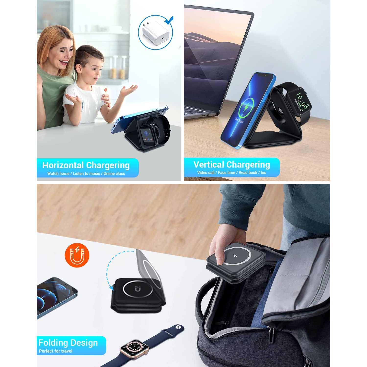 Chargeur sans fil 3-en-1, Station de recharge magnétique sans fil pliable pour iPhone 14/13/12/11 Pro Max/X/XS Max/8/8 plus, AirPods 3/2/Pro, iWatch