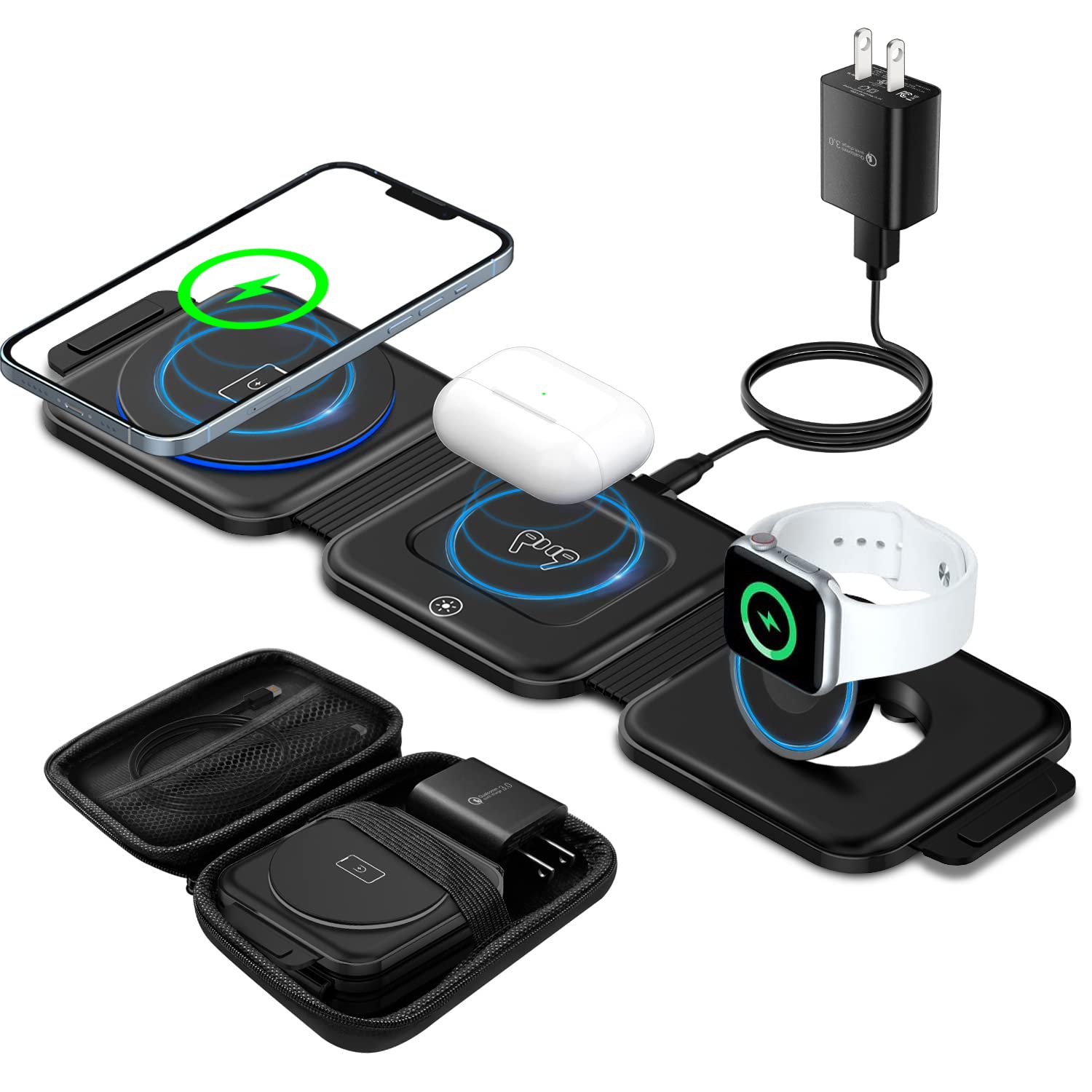 Wireless Charger 3 in 1 with Adapter and Travel Case,Fast Wireless Charging Station,Wireless Charging Pad Compatible with iPhone 14/13/12/11 Series,AirPods 3/2/Pro 2/Pro,iWatch Ult