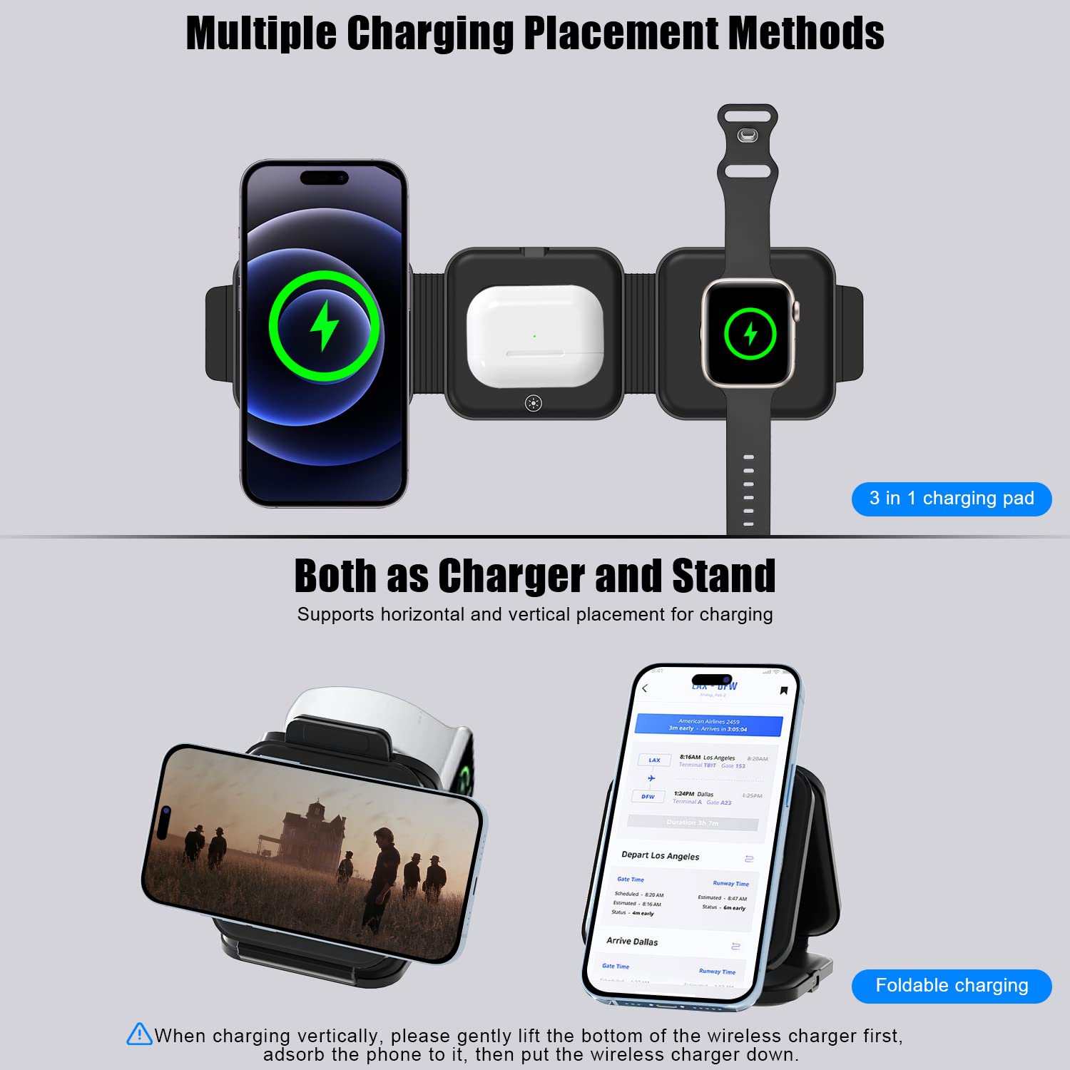 Wireless Charger 3 in 1 with Adapter and Travel Case,Fast Wireless Charging Station,Wireless Charging Pad Compatible with iPhone 14/13/12/11