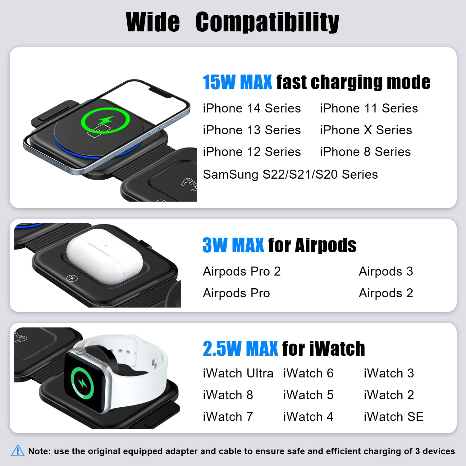 Wireless Charger 3 in 1 with Adapter and Travel Case,Fast Wireless Charging Station,Wireless Charging Pad Compatible with iPhone 14/13/12/11