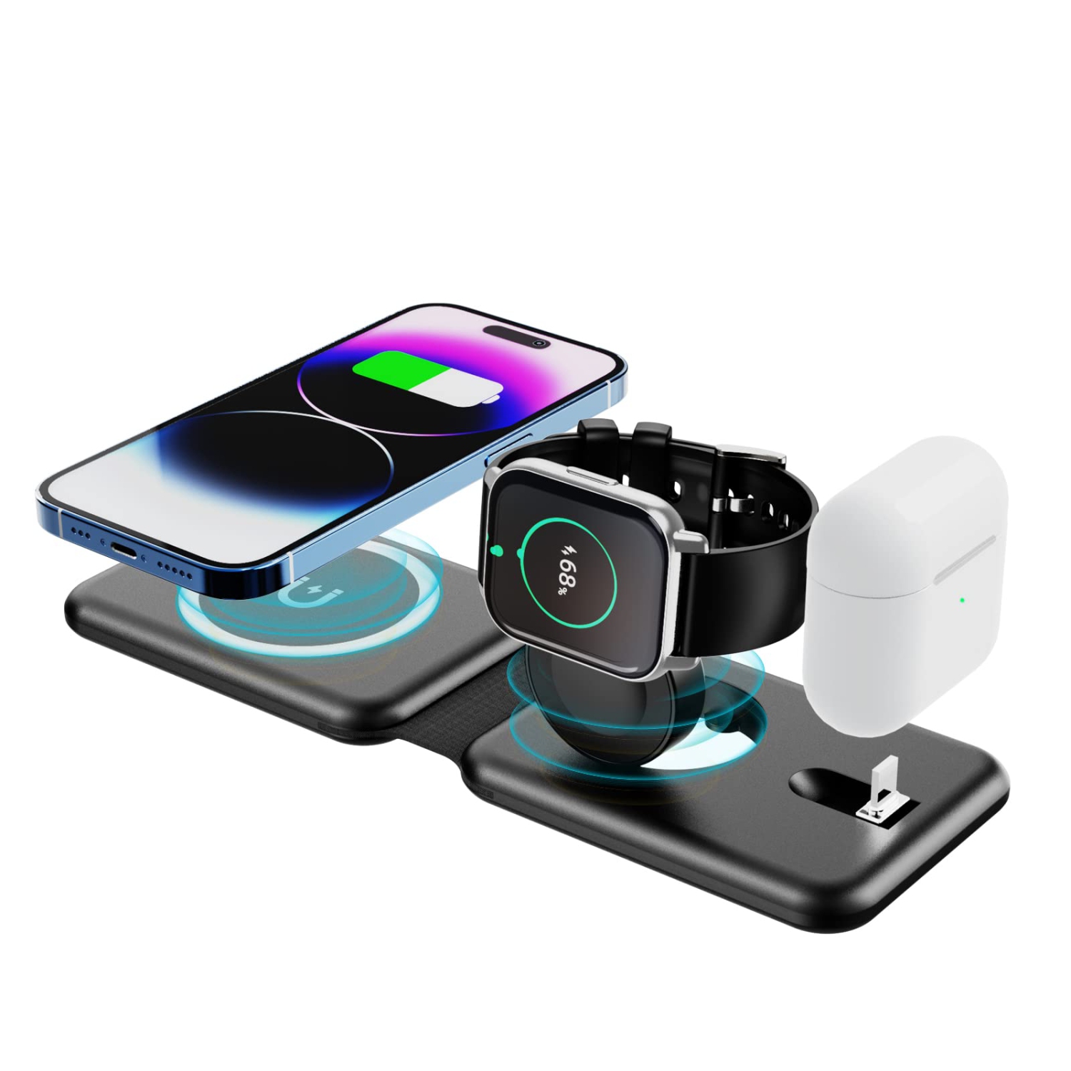 Qoosea 3 in 1 Wireless Charger Inductive Wireless Charger Station Charger with Foldable Wireless Charger for iPhone 14/13/12/11/Pro Max/XR/XS, iWatch
