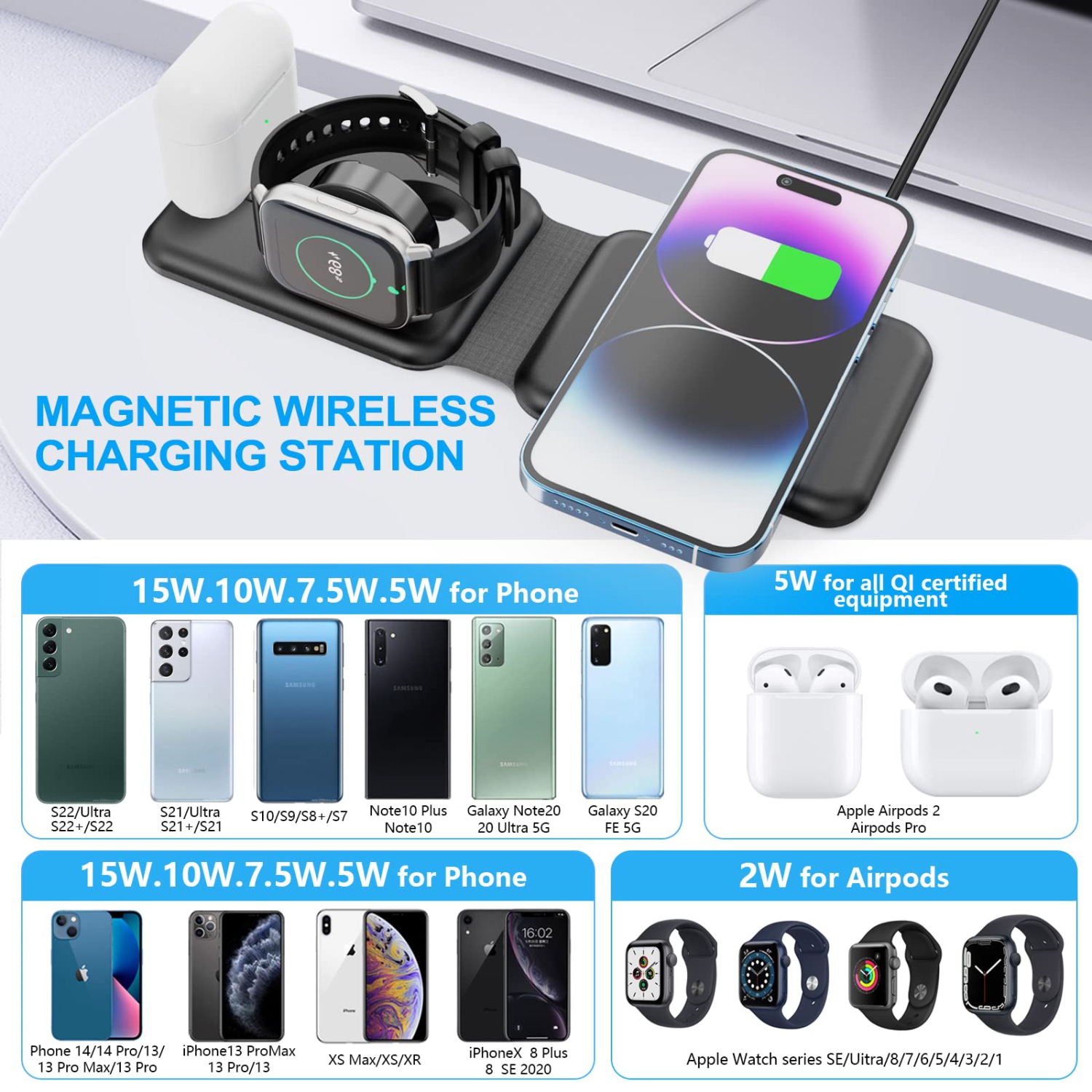 Qoosea 3 in 1 Wireless Charger Inductive Wireless Charger Station Charger with Foldable Wireless Charger for iPhone 14/13/12/11/Pro Max/XR/XS, iWatch
