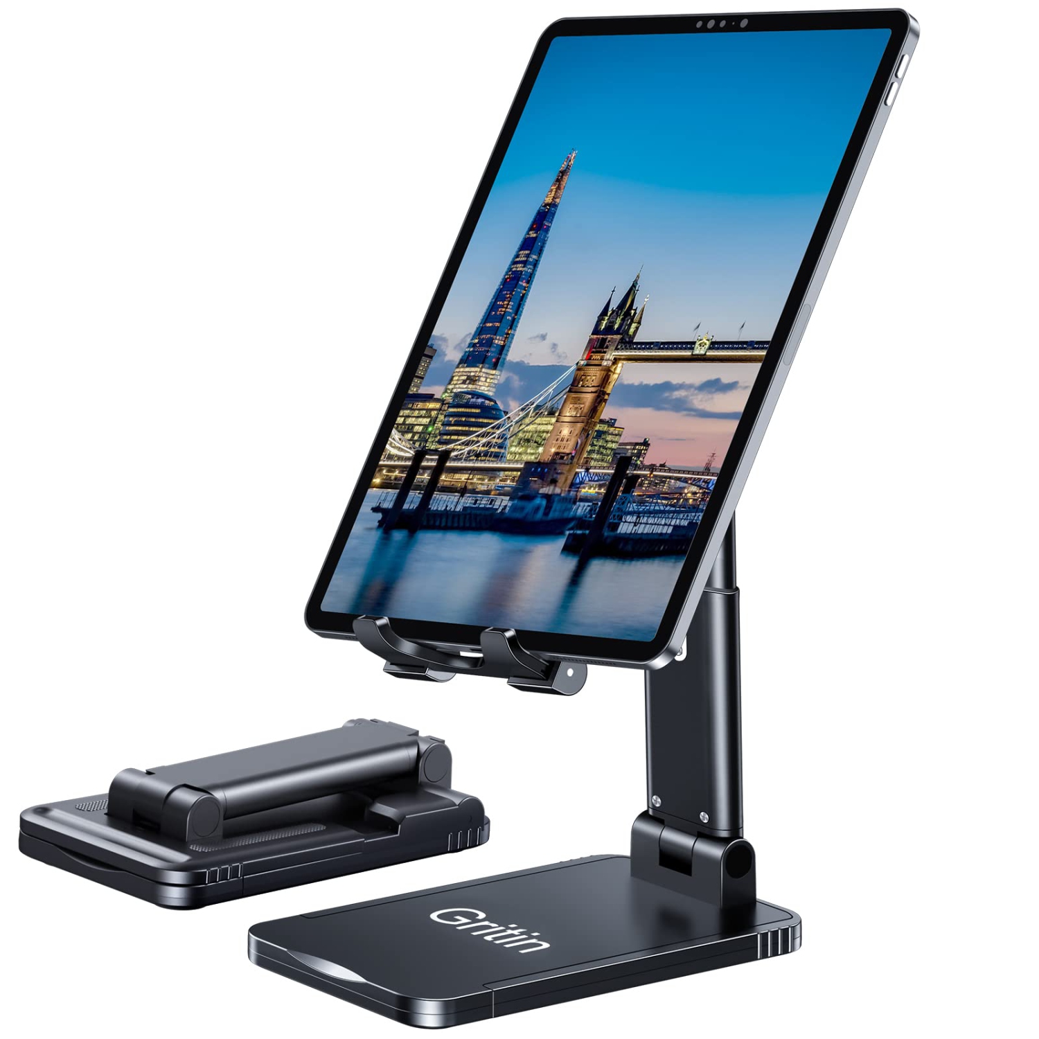 Cell Phone Stand, Gritin Foldable Phone Holder Dock for Desk, Angle Height Adjustable Portable Phone Stand for iPad, Super Stable Compatible with All