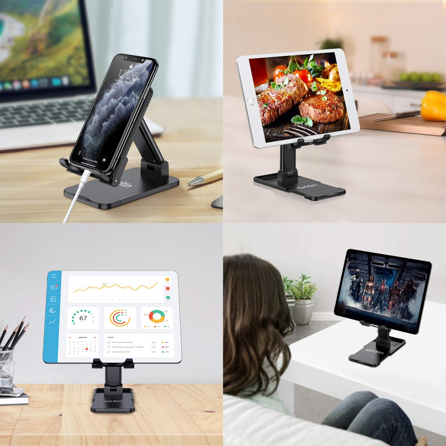 Cell Phone Stand, Gritin Foldable Phone Holder Dock for Desk, Angle Height Adjustable Portable Phone Stand for iPad, Super Stable Compatible with All
