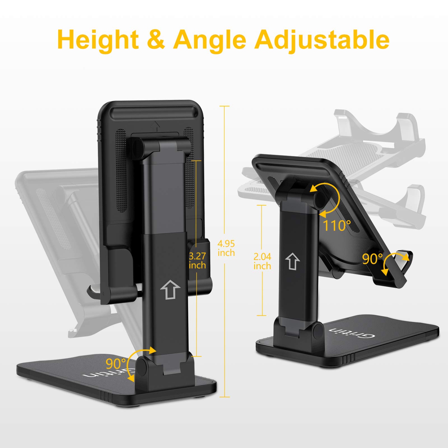 Cell Phone Stand, Gritin Foldable Phone Holder Dock for Desk, Angle Height Adjustable Portable Phone Stand for iPad, Super Stable Compatible with All