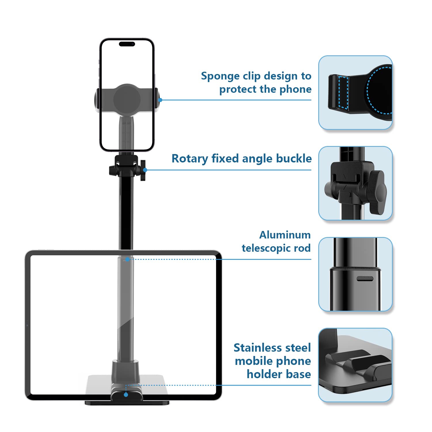 Cell Phone Stand Adjustable Height & Angle Phone Holder Phone Stand for Desk Cell Phone Clip Stand Holder Two-in-one Live Streaming Stand Compatible