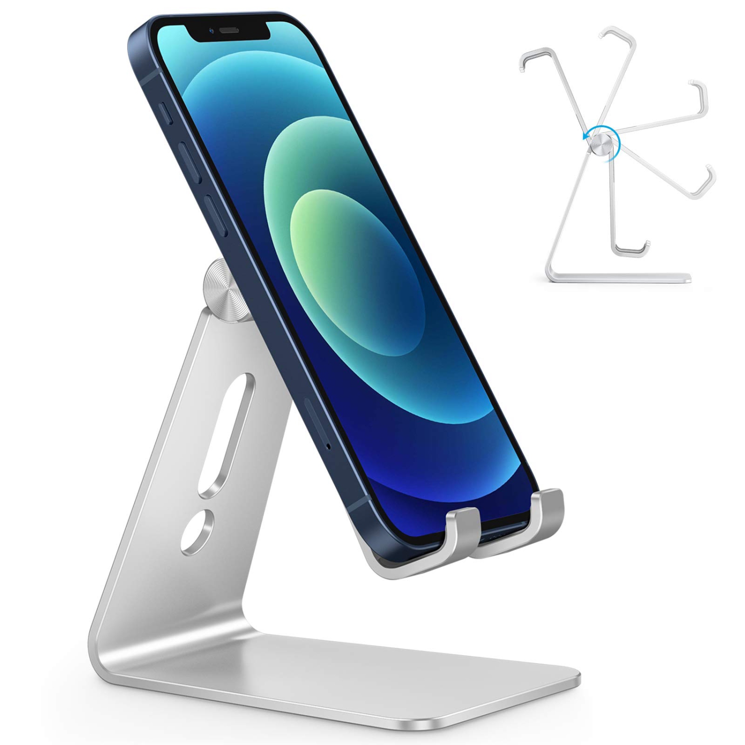 Phone Stand, Adjustable Aluminum Cell Phone Stand for Desk, Compatible with iPhone, Samsung, Google and More Devices, Silver