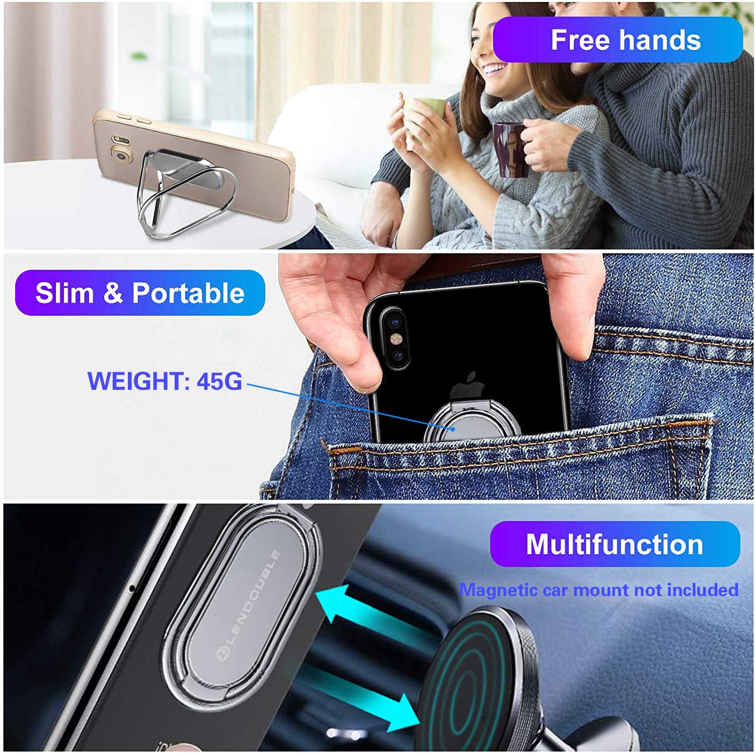 Foldable Cell Phone Stand for Desk, Adjustable Cellphone Ring Holder Finger Kickstand for Office Desktop & Magnetic Car Mount, Rotatable Multi-Angle