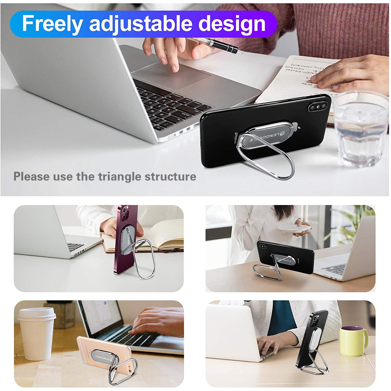 Foldable Cell Phone Stand for Desk, Adjustable Cellphone Ring Holder Finger Kickstand for Office Desktop & Magnetic Car Mount, Rotatable Multi-Angle