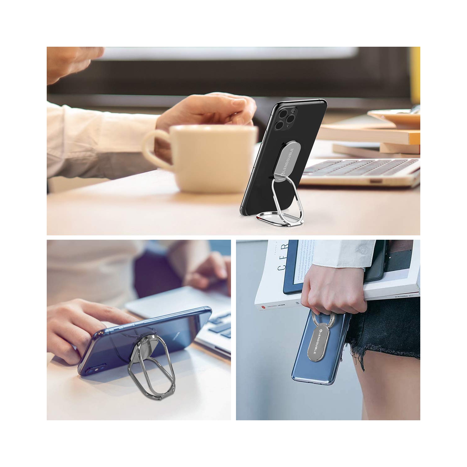 Foldable Cell Phone Stand for Desk, Adjustable Cellphone Ring Holder Finger Kickstand for Office Desktop & Magnetic Car Mount, Rotatable Multi-Angle