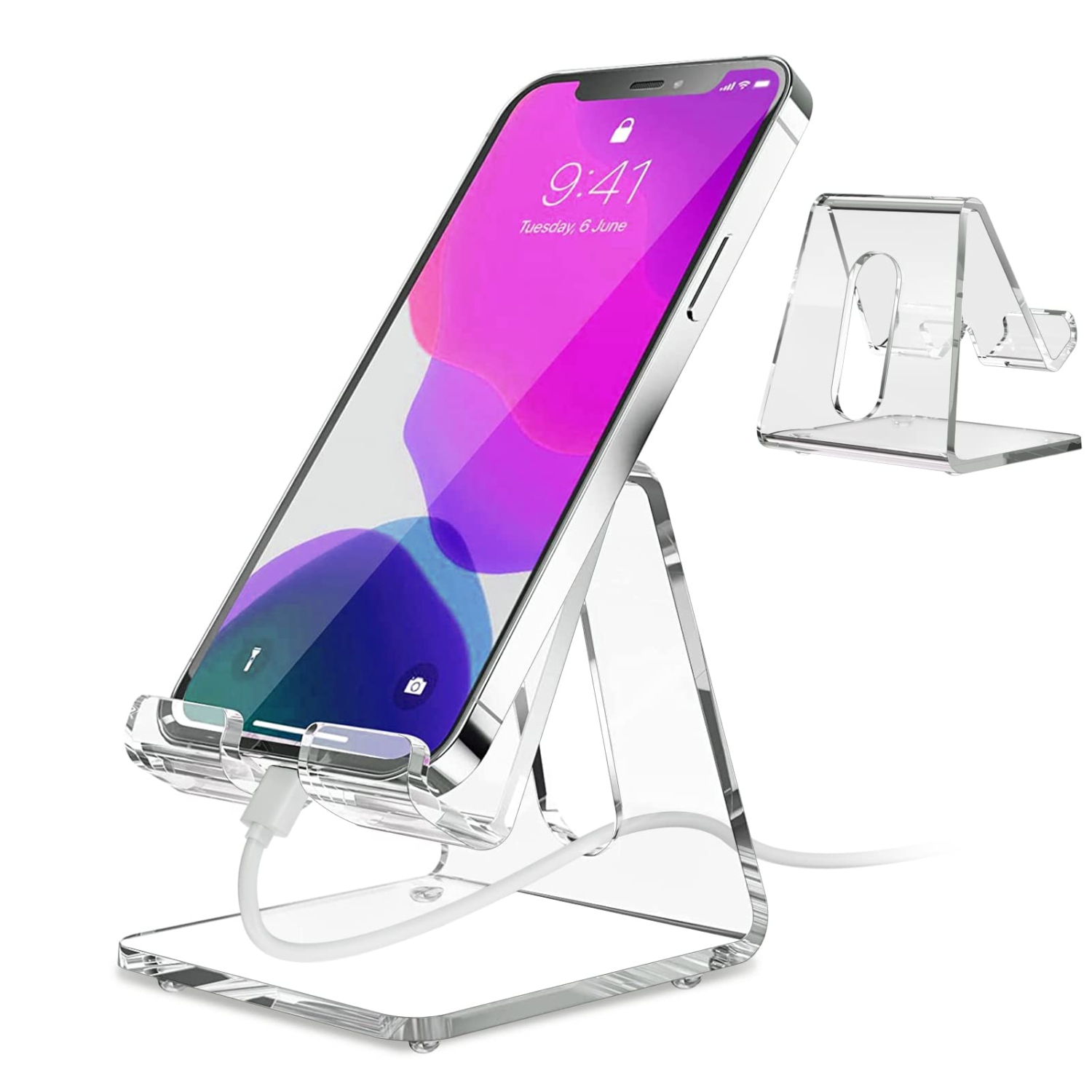 Acrylic Cell Phone Stand for Desk, Phone Holder, Dock, Cradle Compatible with iPhone 13 Pro Max 11 12 XR 7 8 Plus, Samsung Galaxy, Smartphone, Desk Accessories, Clear