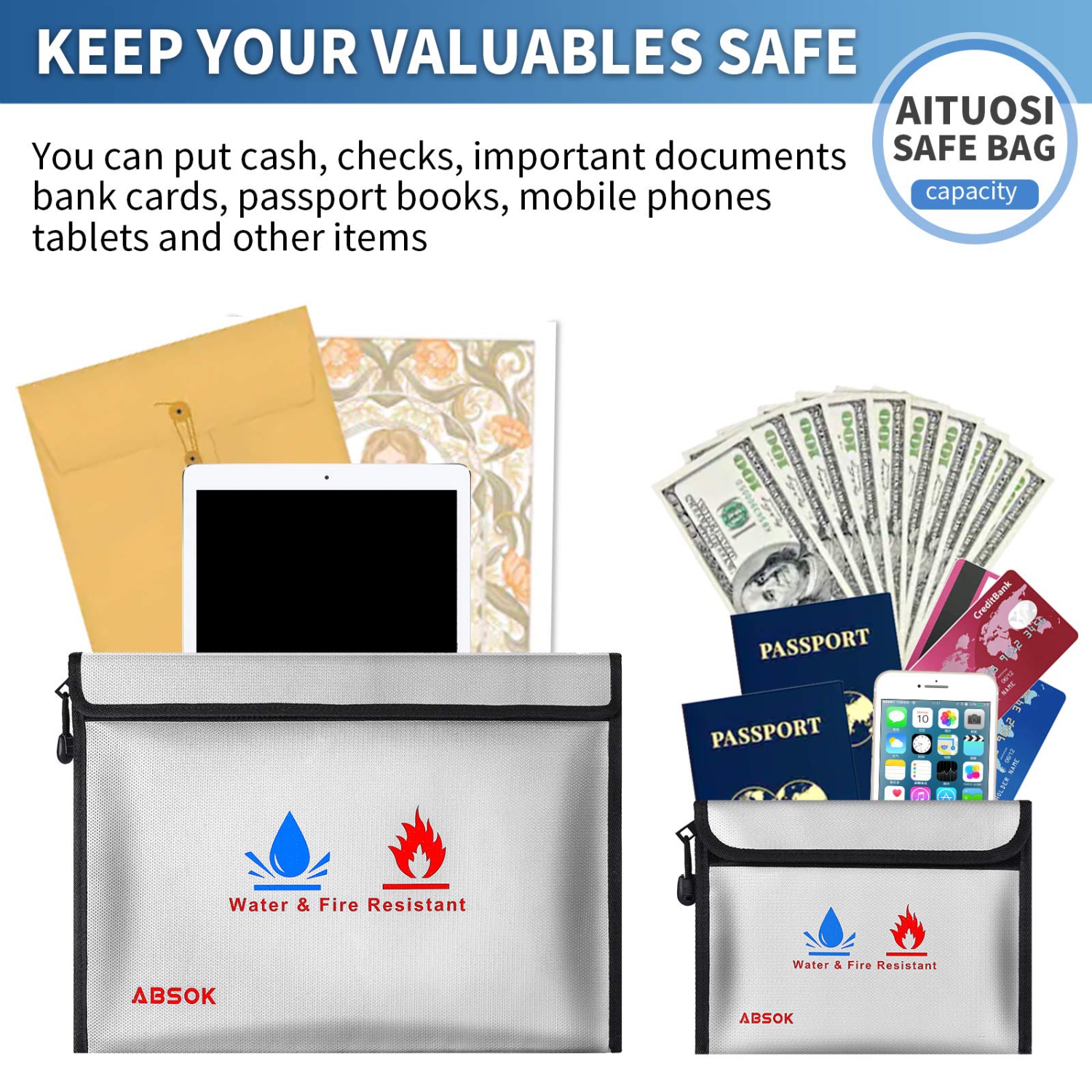 Fireproof Document BagFireproof Money Safe Document Bag 15 x11 & 9x7 Inches Set Non-Itchy Silicone Coated Fire Resistant Bag Fireproof Safe Storage