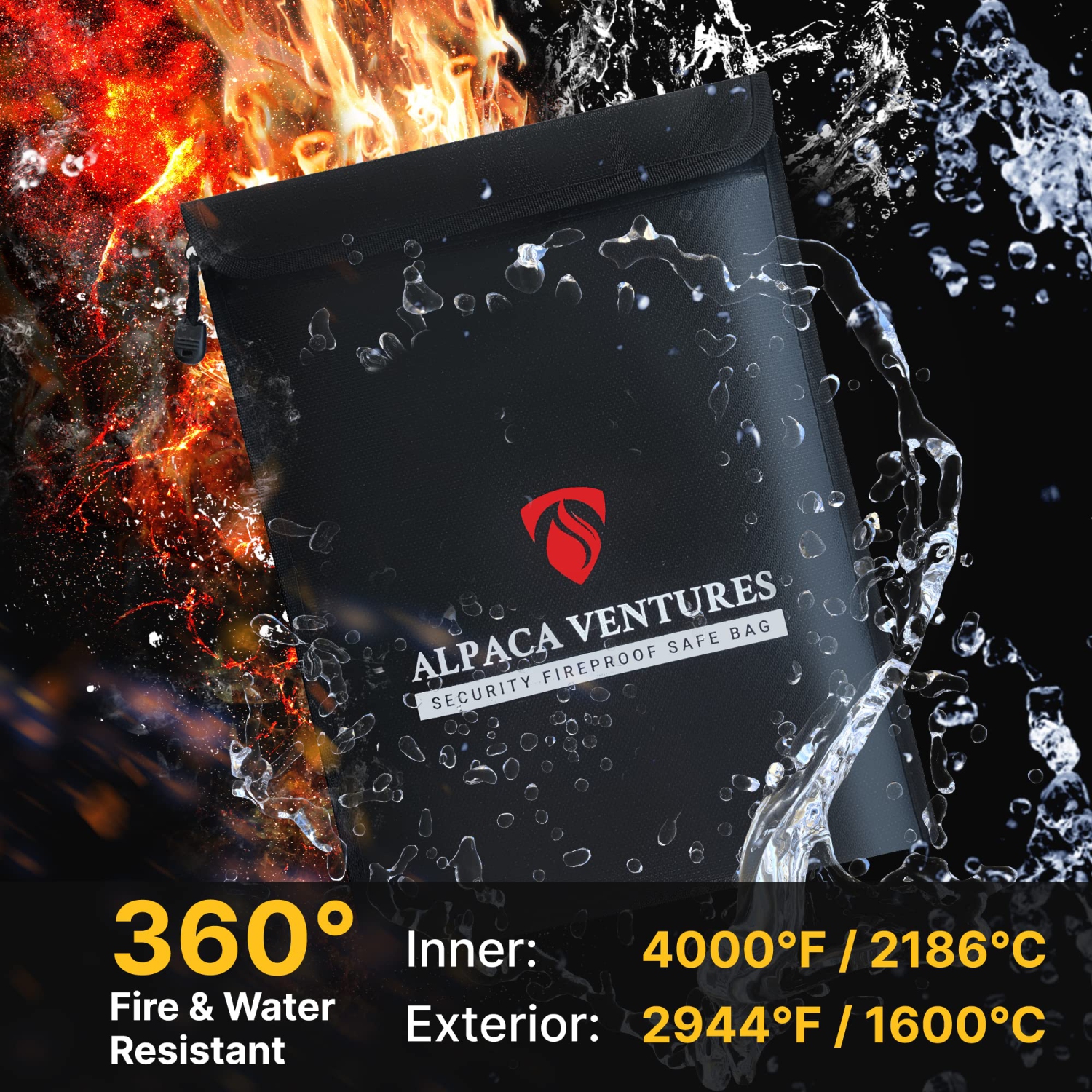 Alpaca Fireproof Document Bag with Waterproof Zipper - 15”x11” Fire Proof/Waterproof Safe Bag, Box - Fireproof Money Bag, for Files (A4, A5),