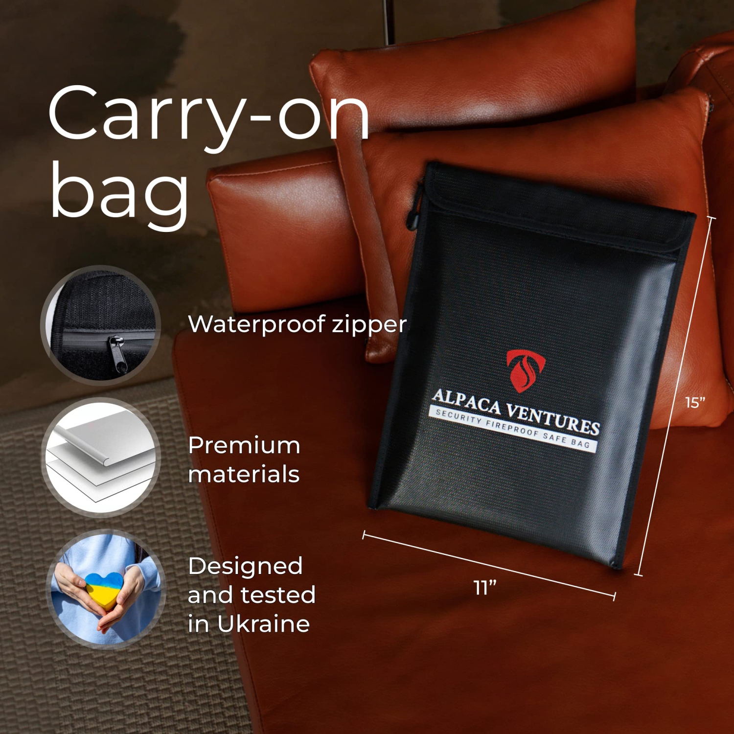 Alpaca Fireproof Document Bag with Waterproof Zipper - 15”x11” Fire Proof/Waterproof Safe Bag, Box - Fireproof Money Bag, for Files (A4, A5),