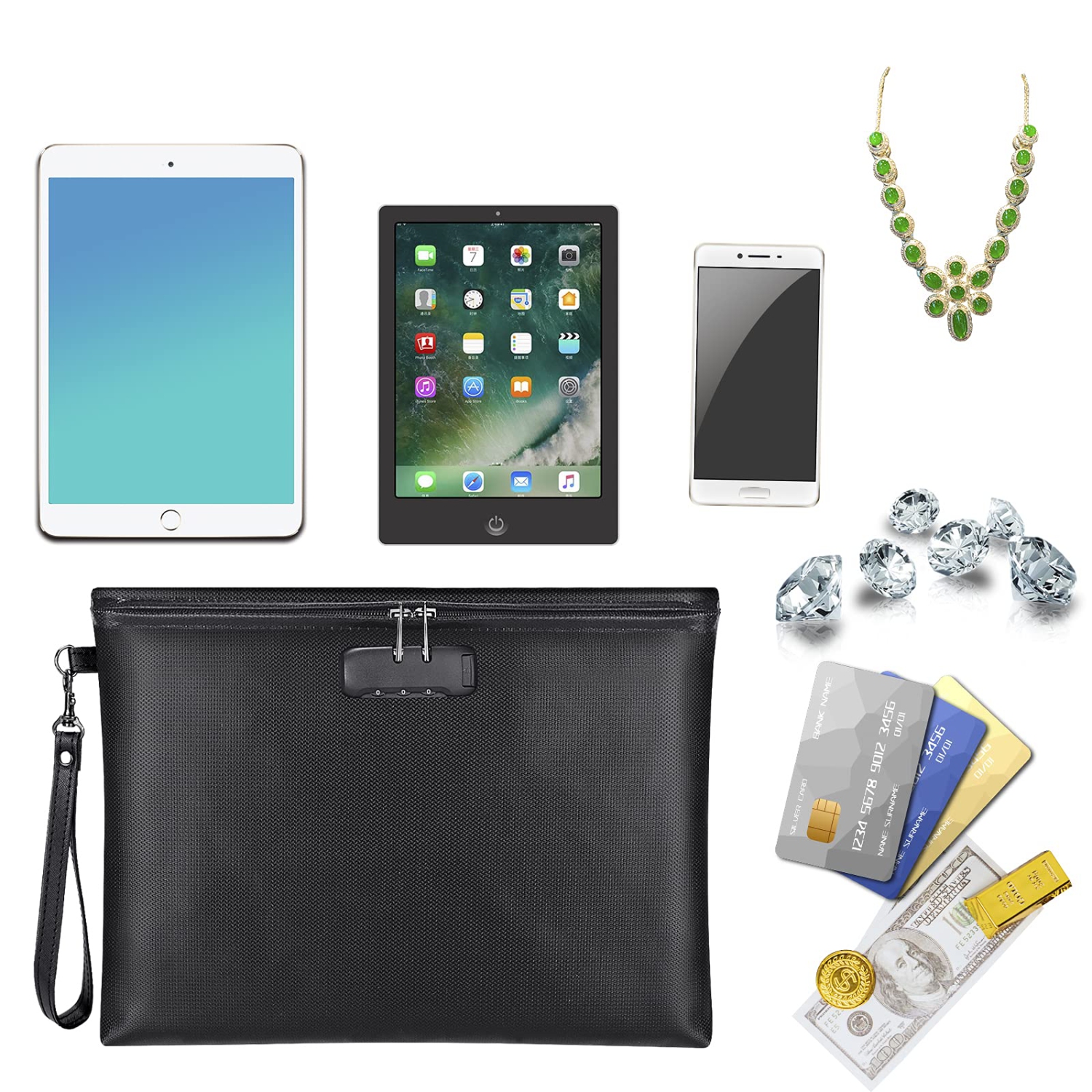 Fireproof Document Bag with Lock, 14.3"x10.2" Fireproof Money Bag with Zipper Closure, Storage Pouch for A4 Letter Size Document, Cash, Cell Phone,