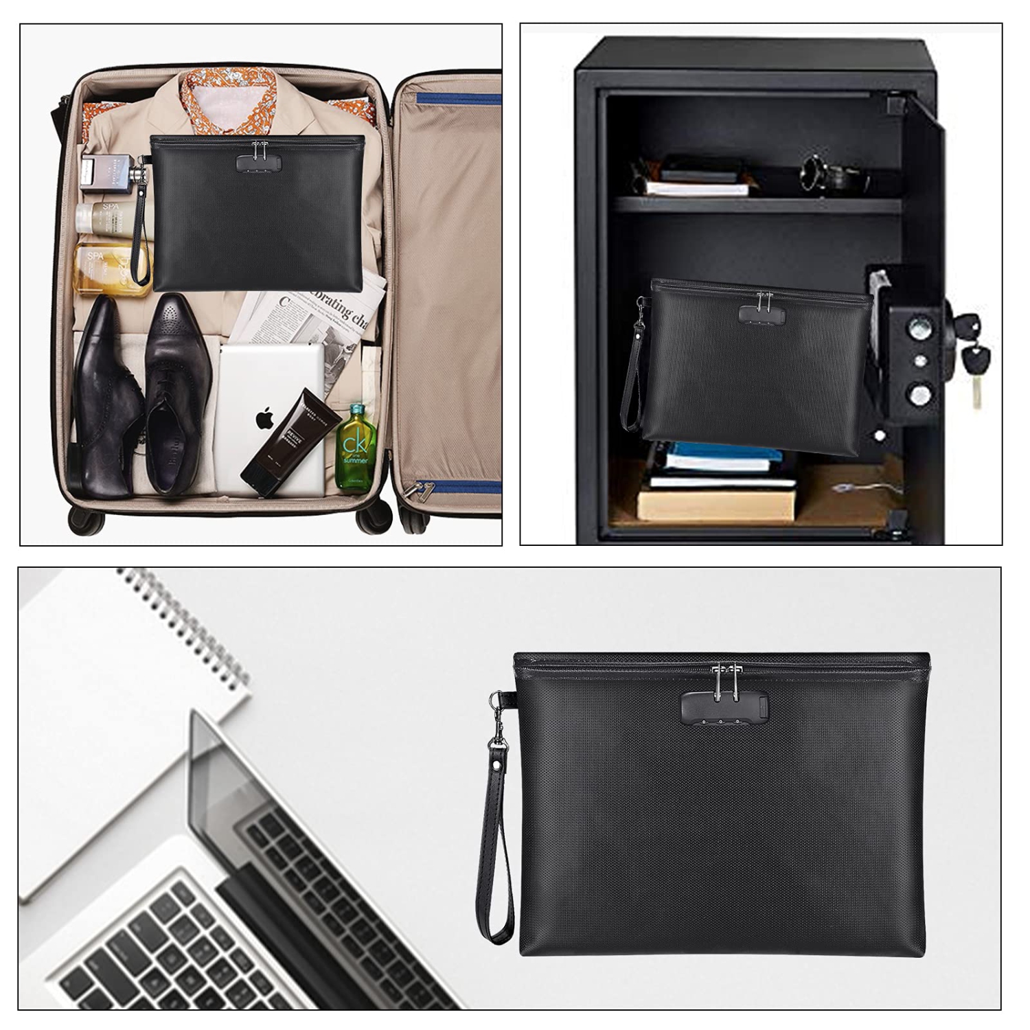 Fireproof Document Bag with Lock, 14.3"x10.2" Fireproof Money Bag with Zipper Closure, Storage Pouch for A4 Letter Size Document, Cash, Cell Phone,