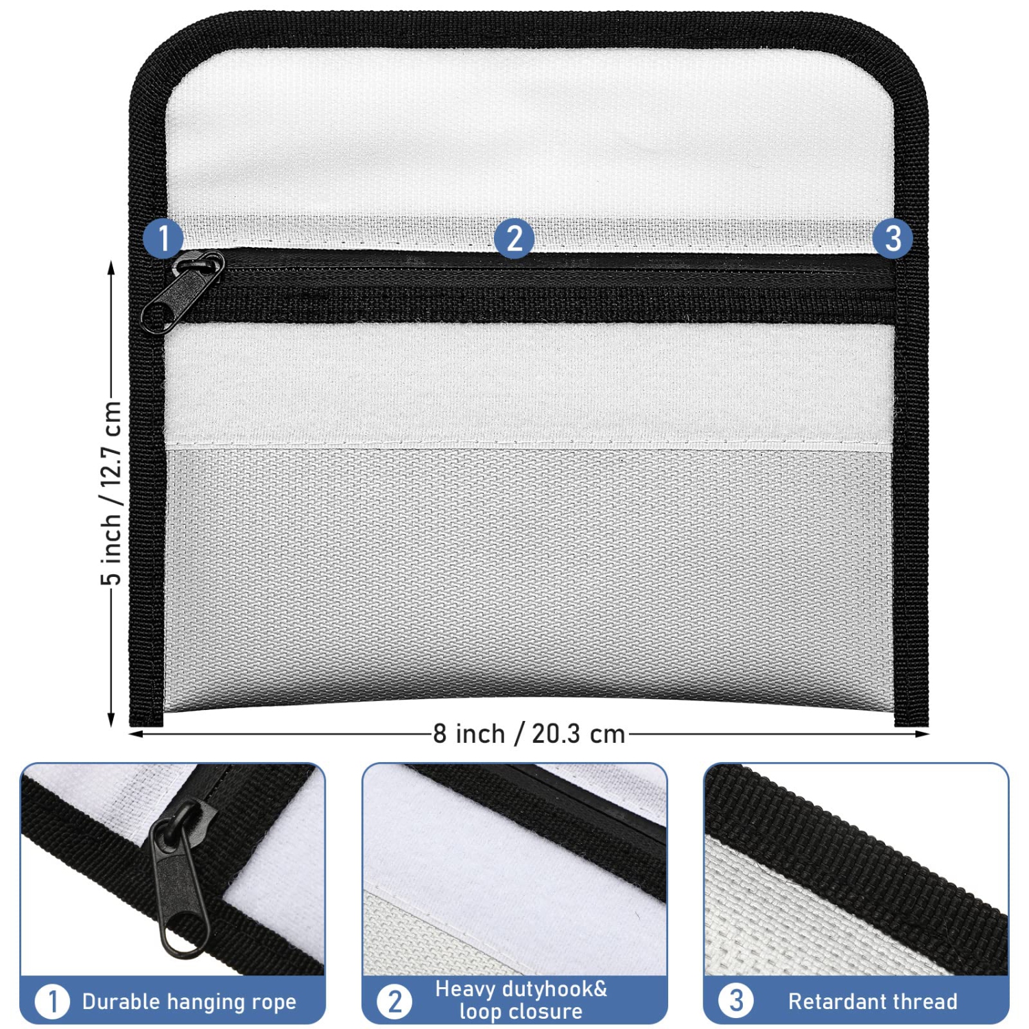 Paquet de 6 petits sacs ignifumables 8 x 5 po Pochette à billets étanche à l’épreuve du feu porte-billets avec fermeture à glissière en silicone