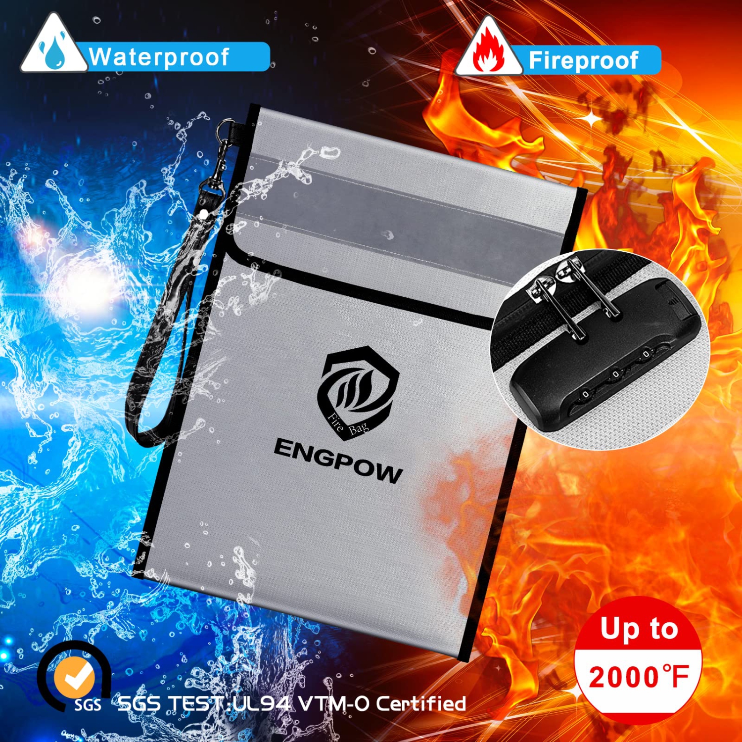 ENGPOW Fireproof Document Bag with Lock,15”x 11”Waterproof and Fireproof Money Bag with Reflective Strip,Fireproof Safe Storage Pouch with Zipper for