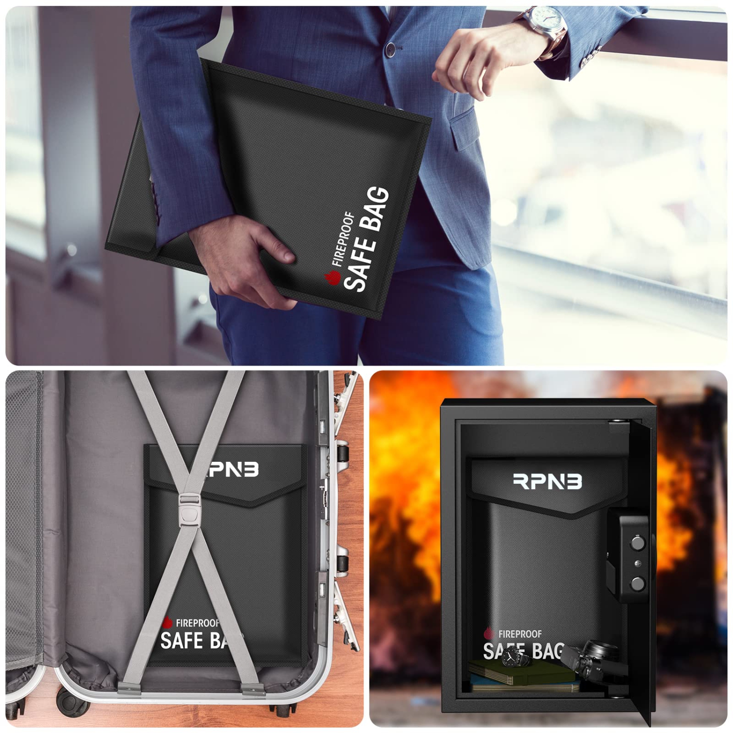 RPNB Fireproof Document Bag, 15"x11"Non-Itchy Silicone Coated Fiberglass Fire and Water Safe Bag with TPU Zipper&Wider Airtight Velcro, Fireproof Bag