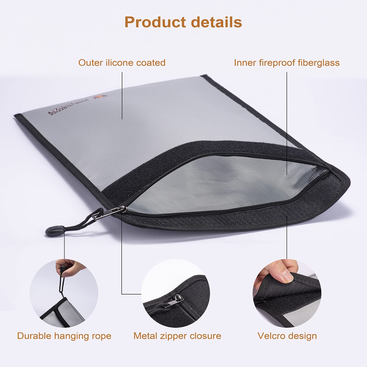 Fireproof Document Bag, 15”x 11” Waterproof and Fireproof Money Bag with Zipper, Fireproof Safe Storage Pouch for Cash,Jewelry,Passport,Tablet,A4