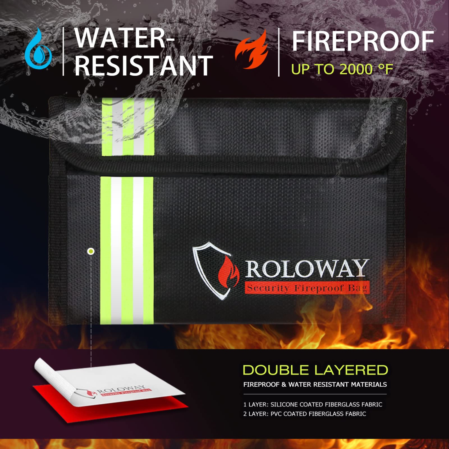 ROLOWAY Small Fireproof Bag with Reflective Strip, Non-Itchy Fireproof Money Bag, Fireproof Wallet Bag, Cash Fireproof Bag Set for Valuables -