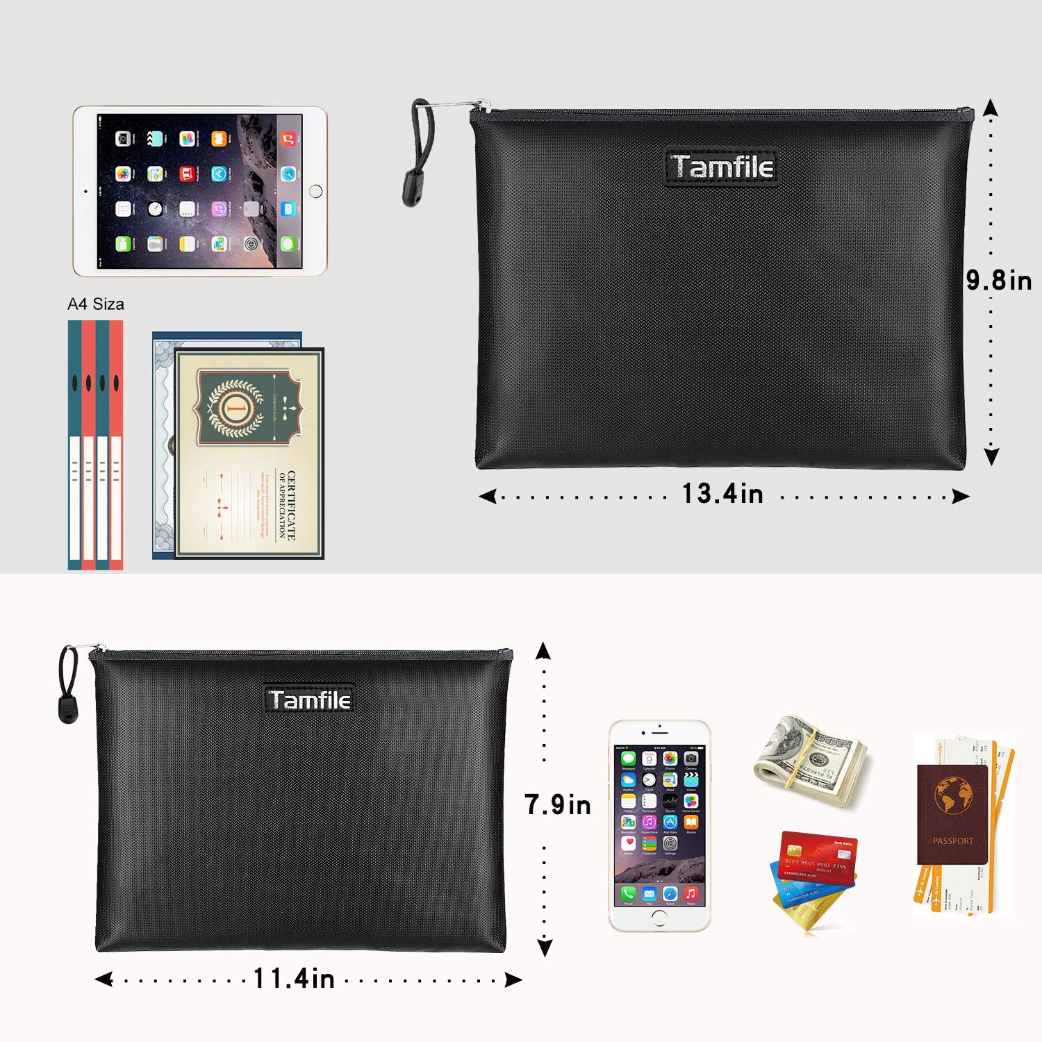 Fireproof Document Bags, Waterproof and Fireproof Money Bag with Zipper, Storage Pouch for Documents with Strap, Portable 2 Sizes, Money Safe Bags,