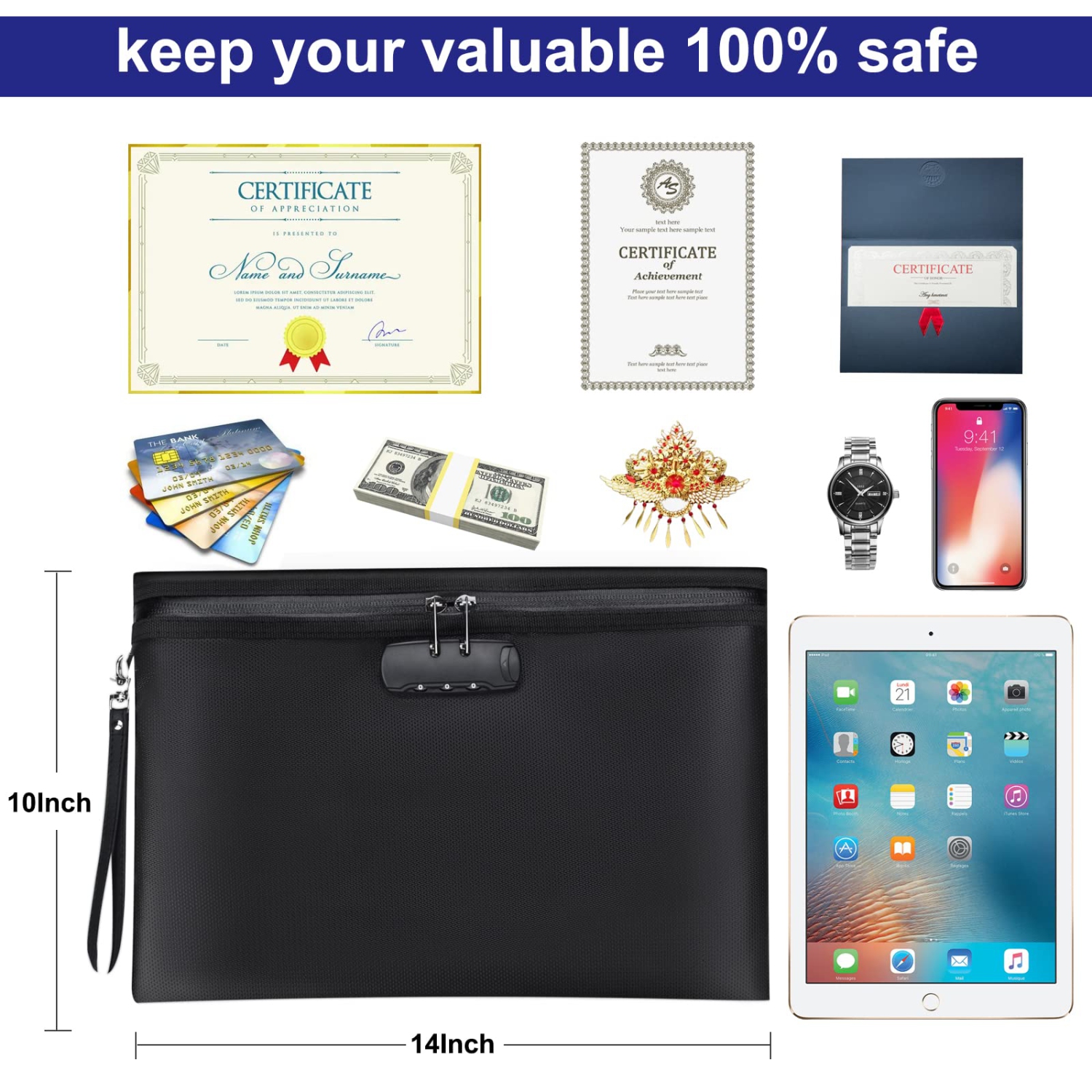 Fireproof File Bag with Lock, 14x10” Fireproof and Splash-Proof Document Bags, Fire Safe Storage Pouch with Zipper Closure for Cash Credit Card