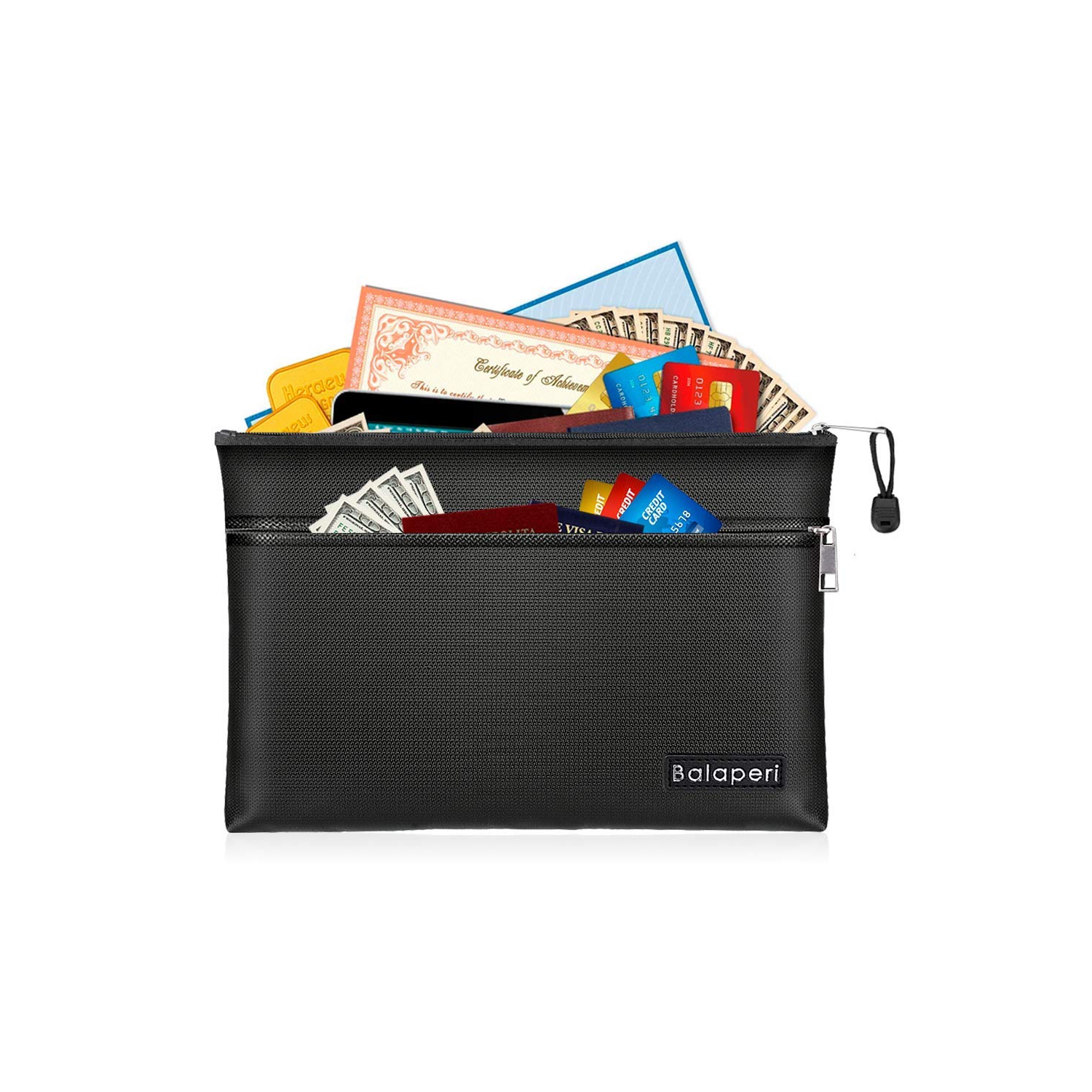 BALAPERI Fireproof Document Bag Two Pockets Two Zippers,11.4”x 7.87” Waterproof and Fireproof Money Bag, Fireproof Safe Storage Pouch with Zipper for