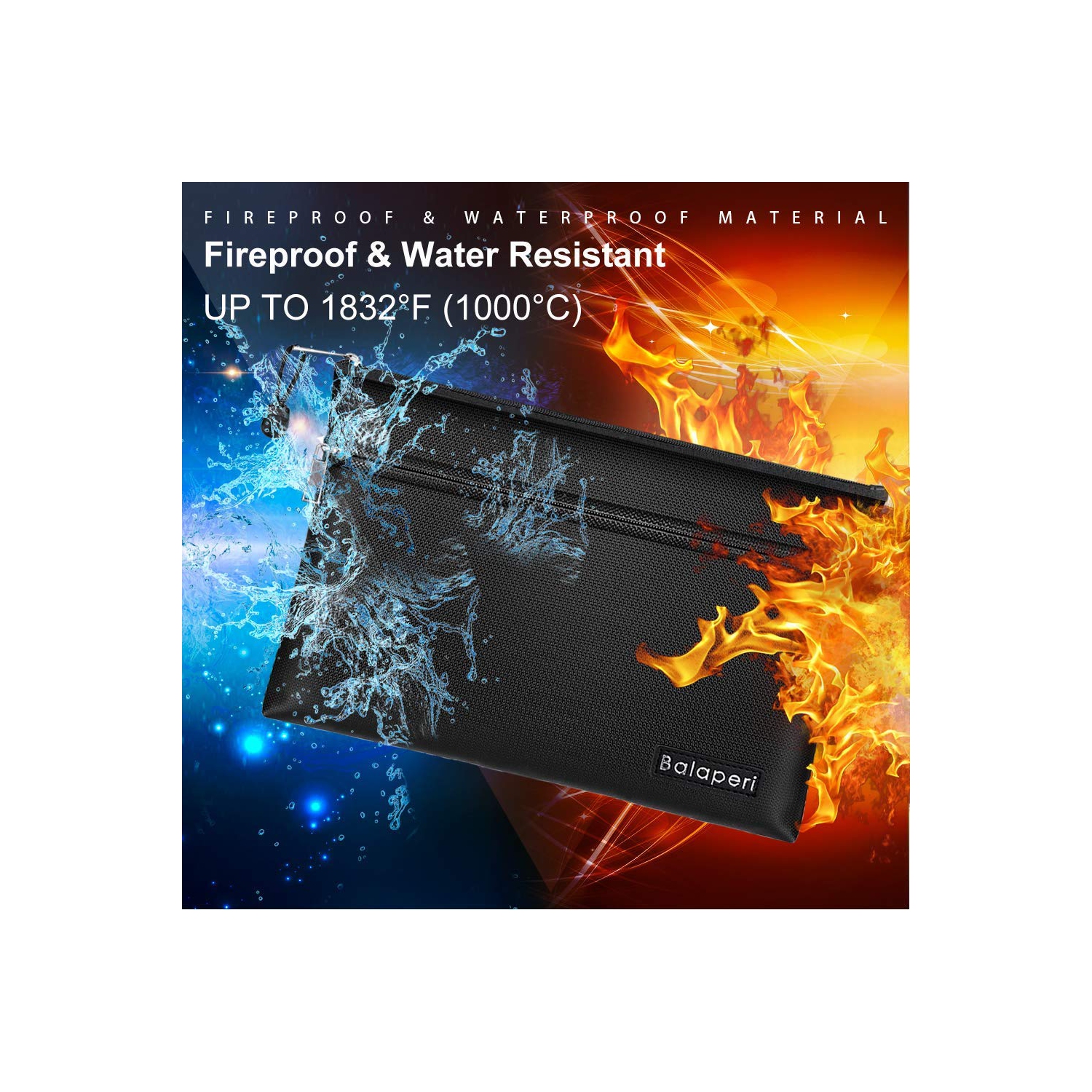 BALAPERI Fireproof Document Bag Two Pockets Two Zippers,11.4”x 7.87” Waterproof and Fireproof Money Bag, Fireproof Safe Storage Pouch with Zipper for