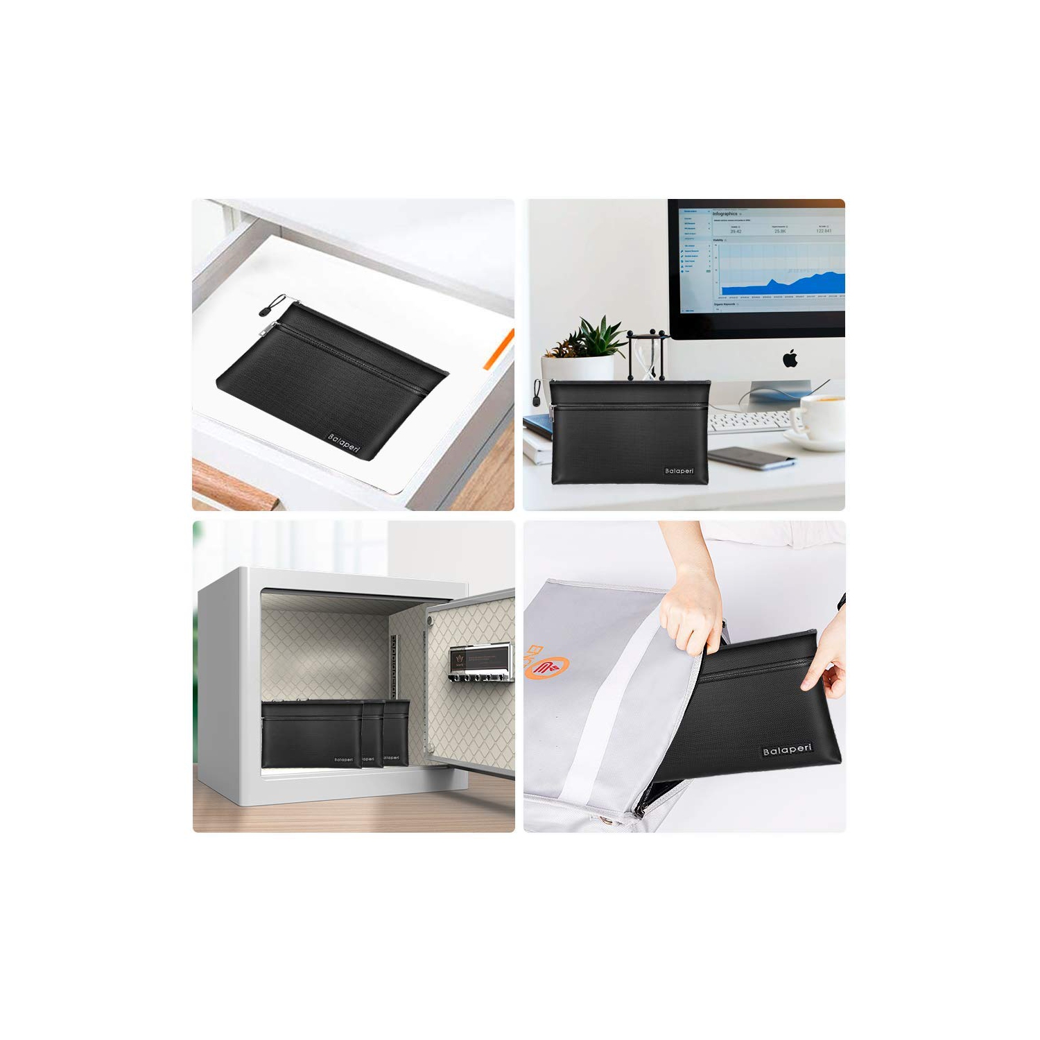 BALAPERI Fireproof Document Bag Two Pockets Two Zippers,11.4”x 7.87” Waterproof and Fireproof Money Bag, Fireproof Safe Storage Pouch with Zipper for