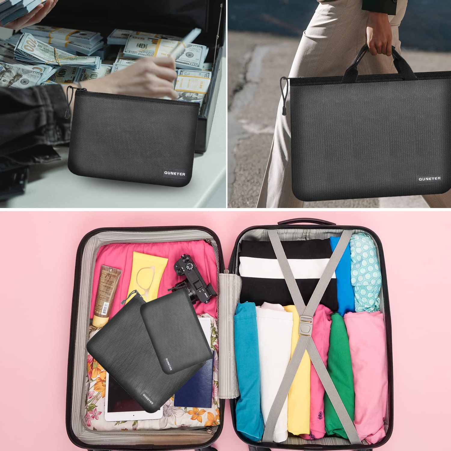 Waterproof Fireproof Document Bag,Money Bag for Cash,2-Pack Black Money Pouch,Waterproof Pouch,Fireproof/Waterproof Safe Bag for Travel,Storage Pouch