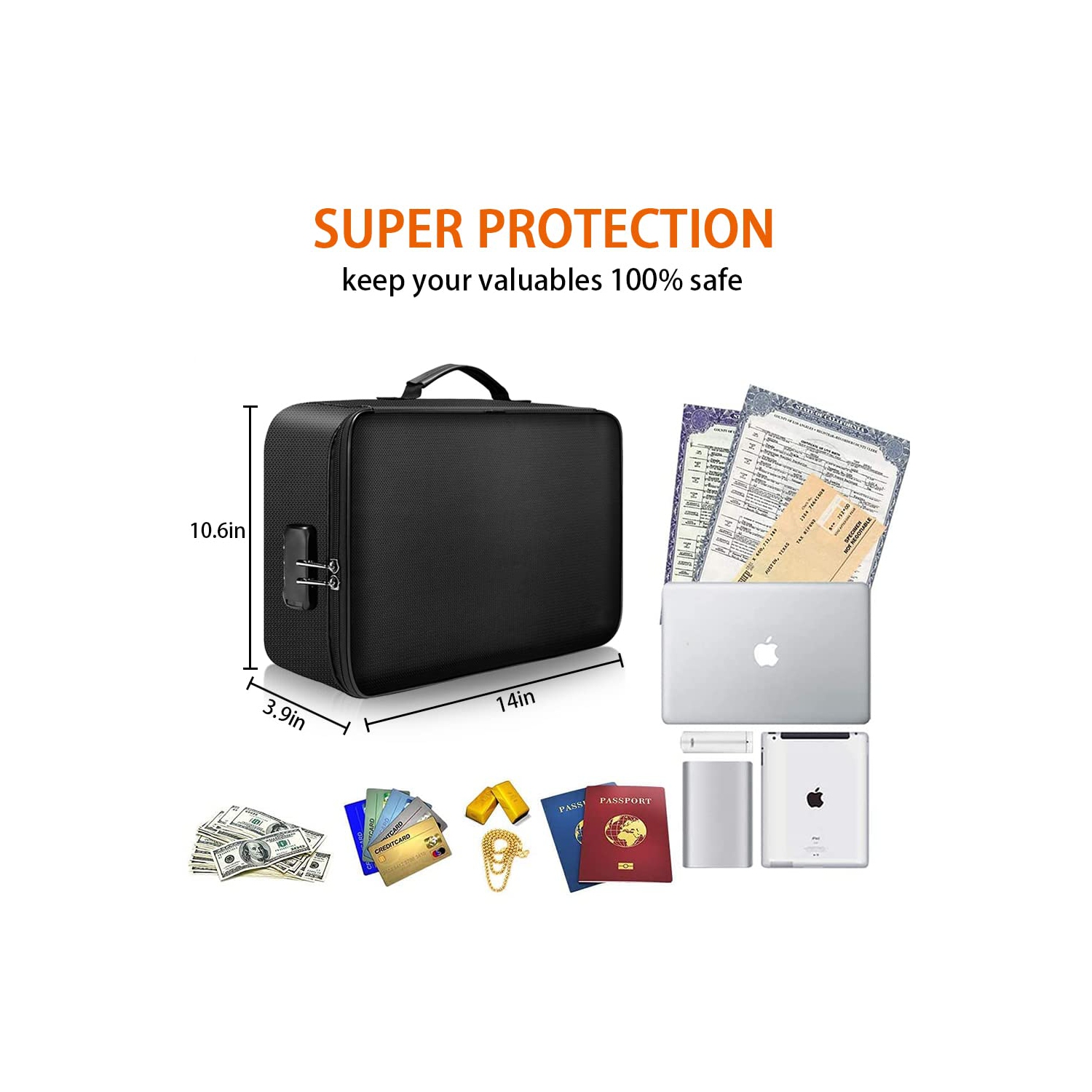 Sac à documents ignifuge avec serrure, sac à argent ignifuge à 3 couches avec fermeture à glissière résistante à l’eau, boîte de sûreté portative