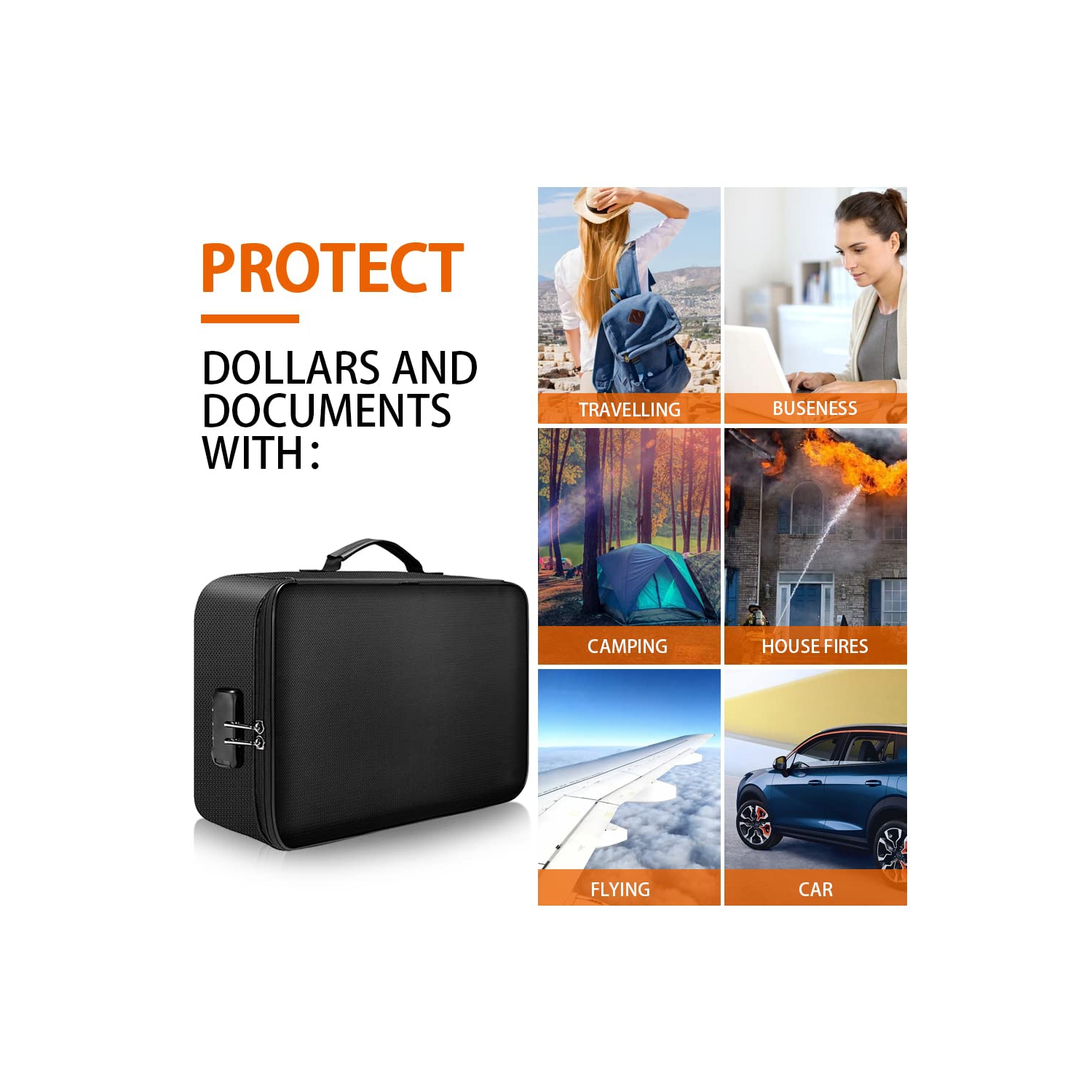 Sac à documents ignifuge avec serrure, sac à argent ignifuge à 3 couches avec fermeture à glissière résistante à l’eau, boîte de sûreté portative