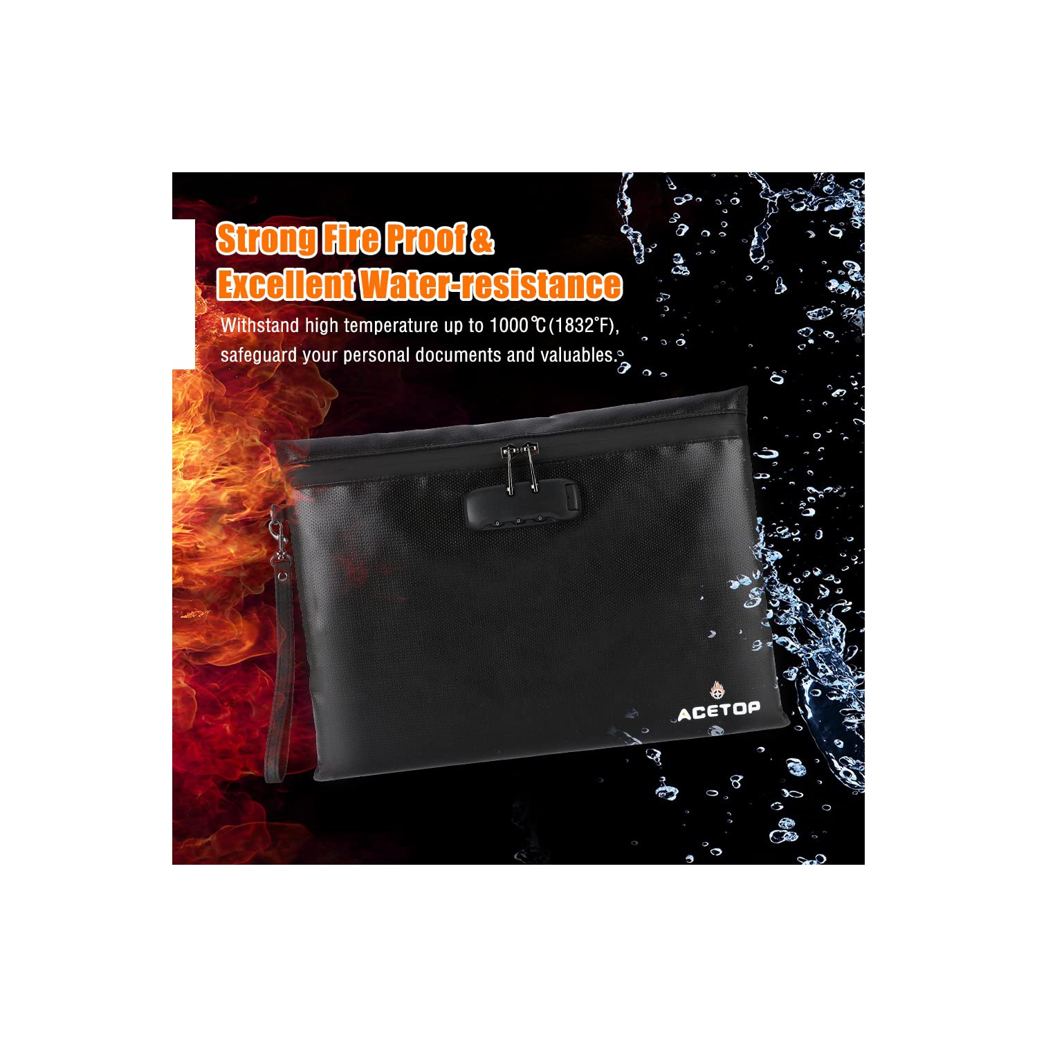 ACETOP Fireproof Document Bag w/Lock 14"x10" Portable Fire Proff Safe Money Bag Waterproof Firesafe Zippered Pouch File Storage Lockbag for A4