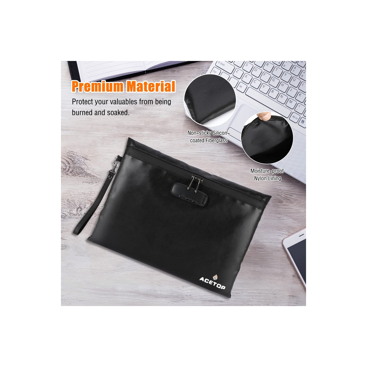ACETOP Fireproof Document Bag w/Lock 14"x10" Portable Fire Proff Safe Money Bag Waterproof Firesafe Zippered Pouch File Storage Lockbag for A4