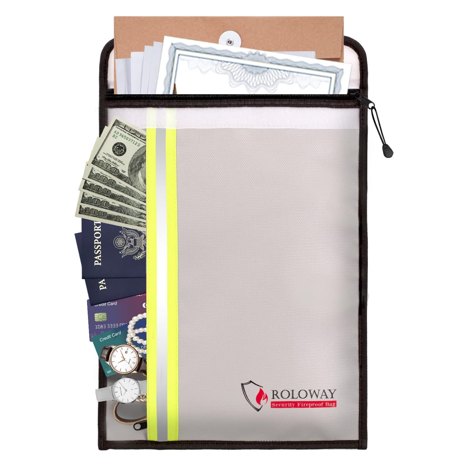 Fireproof Document Bag with 2 Pockets & Waterproof Zipper, Fireproof Money Bag, Fire Safe Bag with Reflective Strip, for Cash, Legal Documents Safe