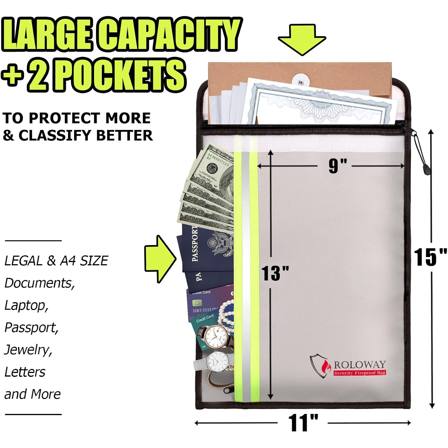 Fireproof Document Bag with 2 Pockets & Waterproof Zipper, Fireproof Money Bag, Fire Safe Bag with Reflective Strip, for Cash, Legal Documents Safe