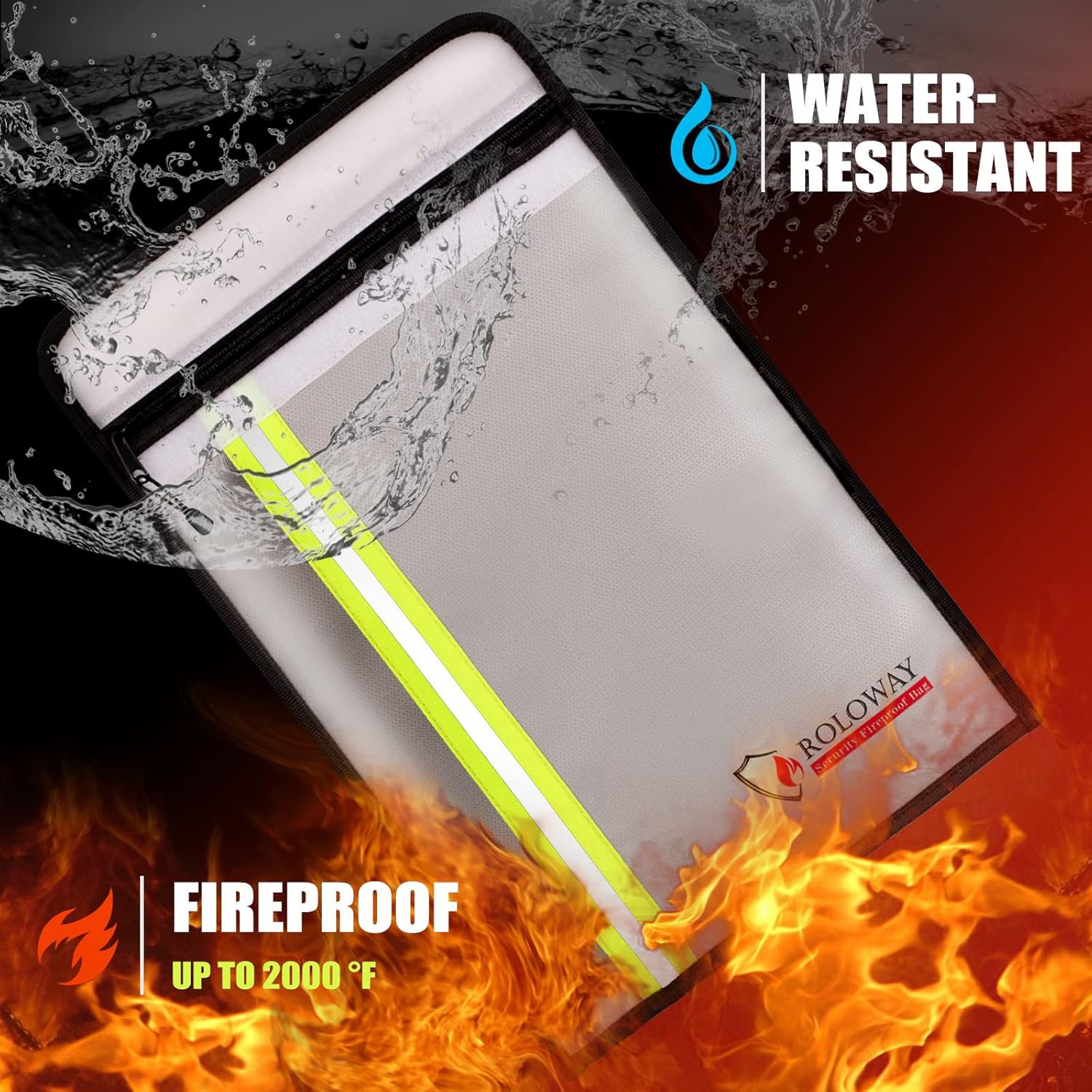 Fireproof Document Bag with 2 Pockets & Waterproof Zipper, Fireproof Money Bag, Fire Safe Bag with Reflective Strip, for Cash, Legal Documents Safe