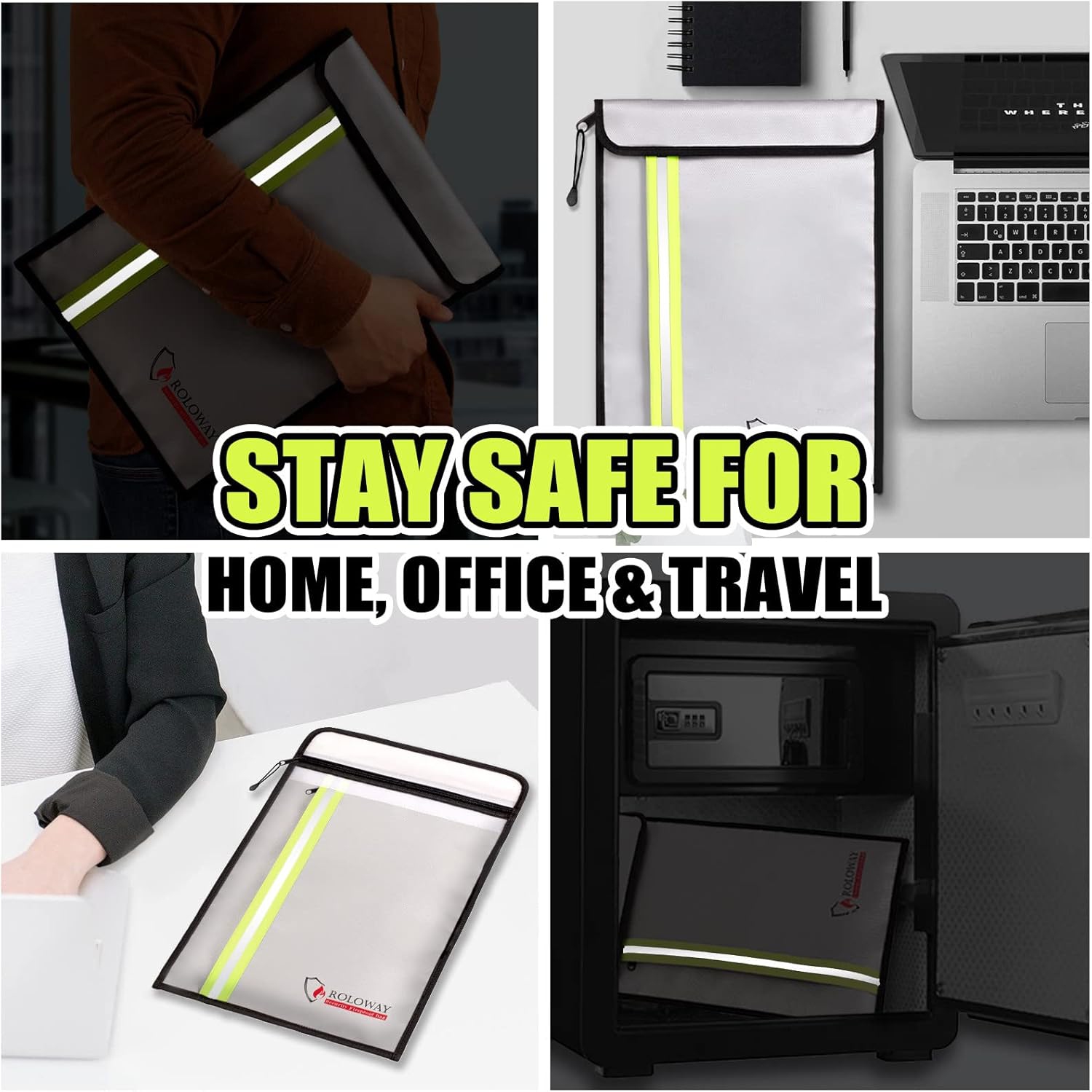 Fireproof Document Bag with 2 Pockets & Waterproof Zipper, Fireproof Money Bag, Fire Safe Bag with Reflective Strip, for Cash, Legal Documents Safe