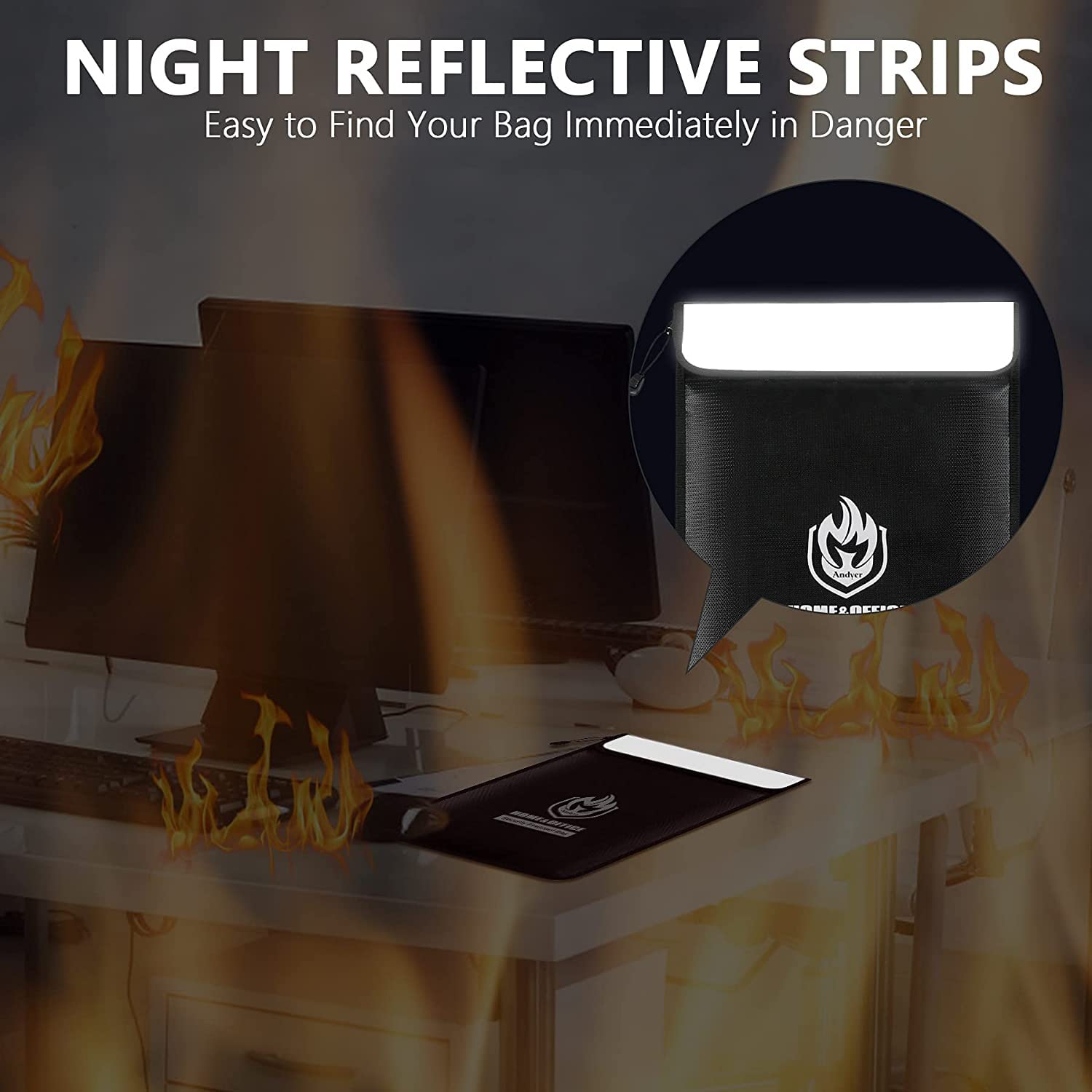 Upgraded Two Pockets Fireproof Document Bag, Andyer 15”x 11”Waterproof and Fireproof Money Bag with Zipper, Fire Safe Storage for